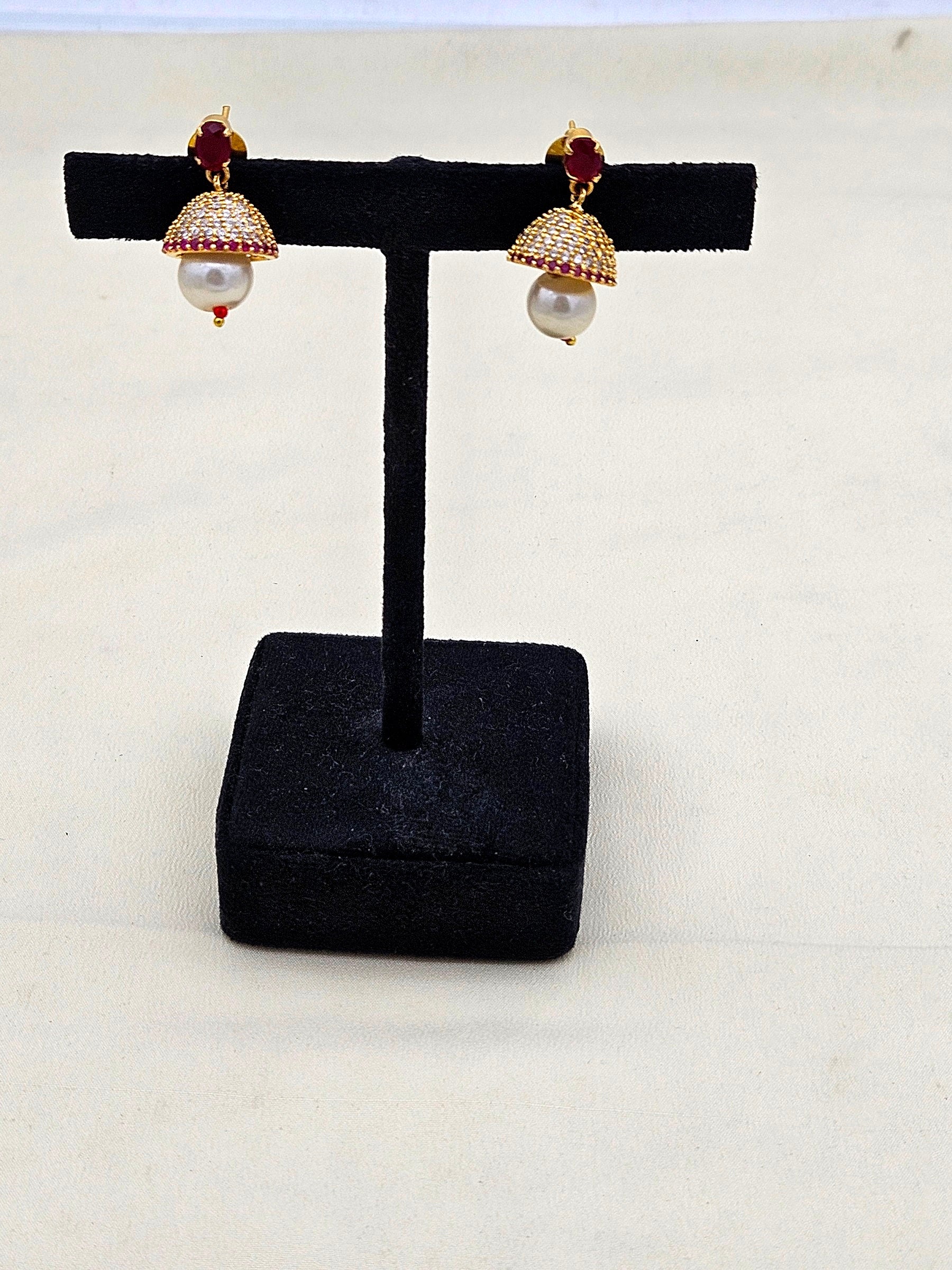 Amazing Gold plated Cubic Zirconia-Red Hydro Quartz Designer light weight Jhumka Earring