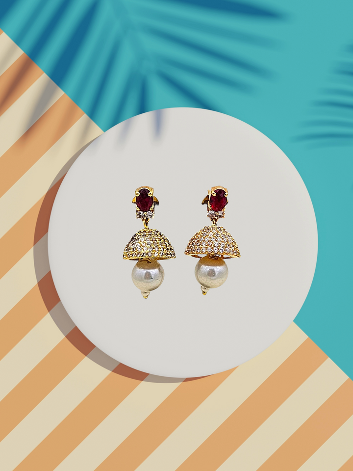 Awesome Gold plated Cubic Zirconia-Red Hydro Quartz Designer light weight Jhumka Earring