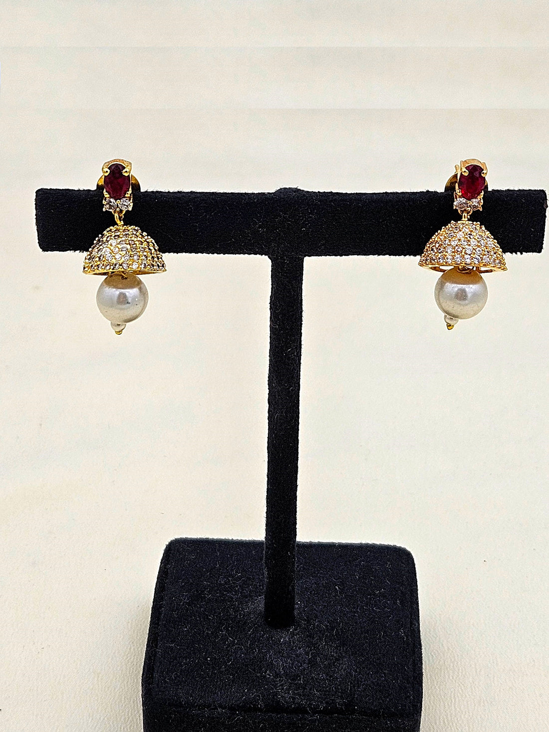 Awesome Gold plated Cubic Zirconia-Red Hydro Quartz Designer light weight Jhumka Earring