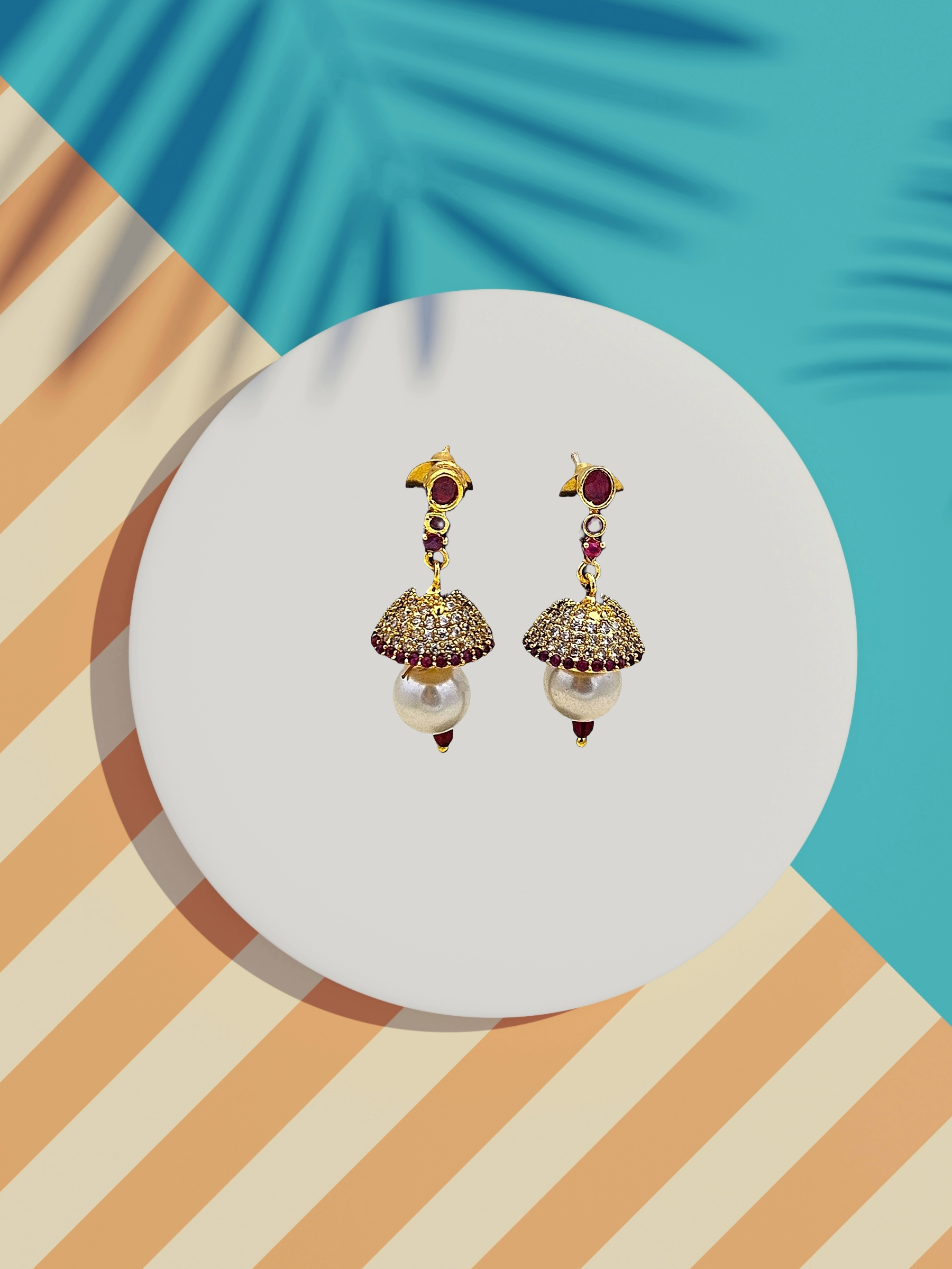 Beautiful Gold plated Cubic Zirconia-Red Hydro Quartz Designer light weight Jhumka Earring