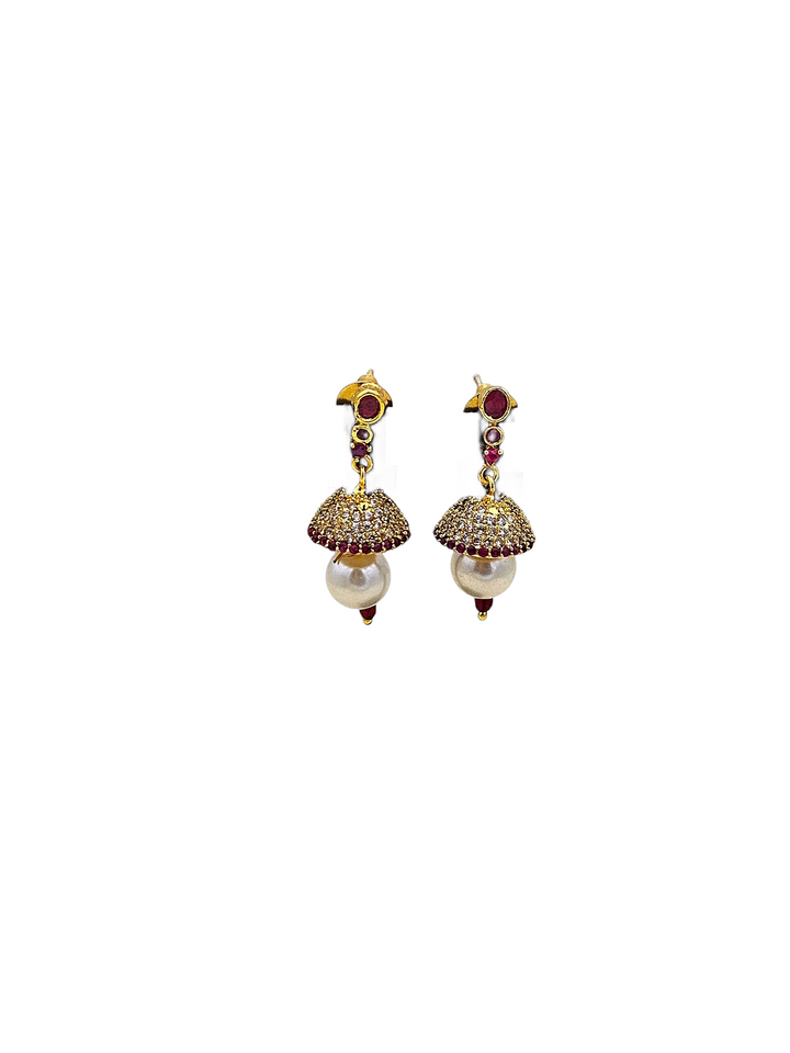 Beautiful Gold plated Cubic Zirconia-Red Hydro Quartz Designer light weight Jhumka Earring