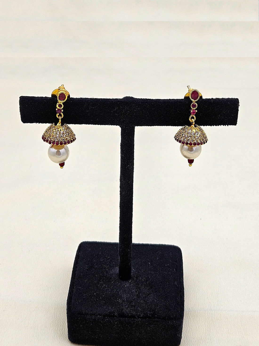 Beautiful Gold plated Cubic Zirconia-Red Hydro Quartz Designer light weight Jhumka Earring
