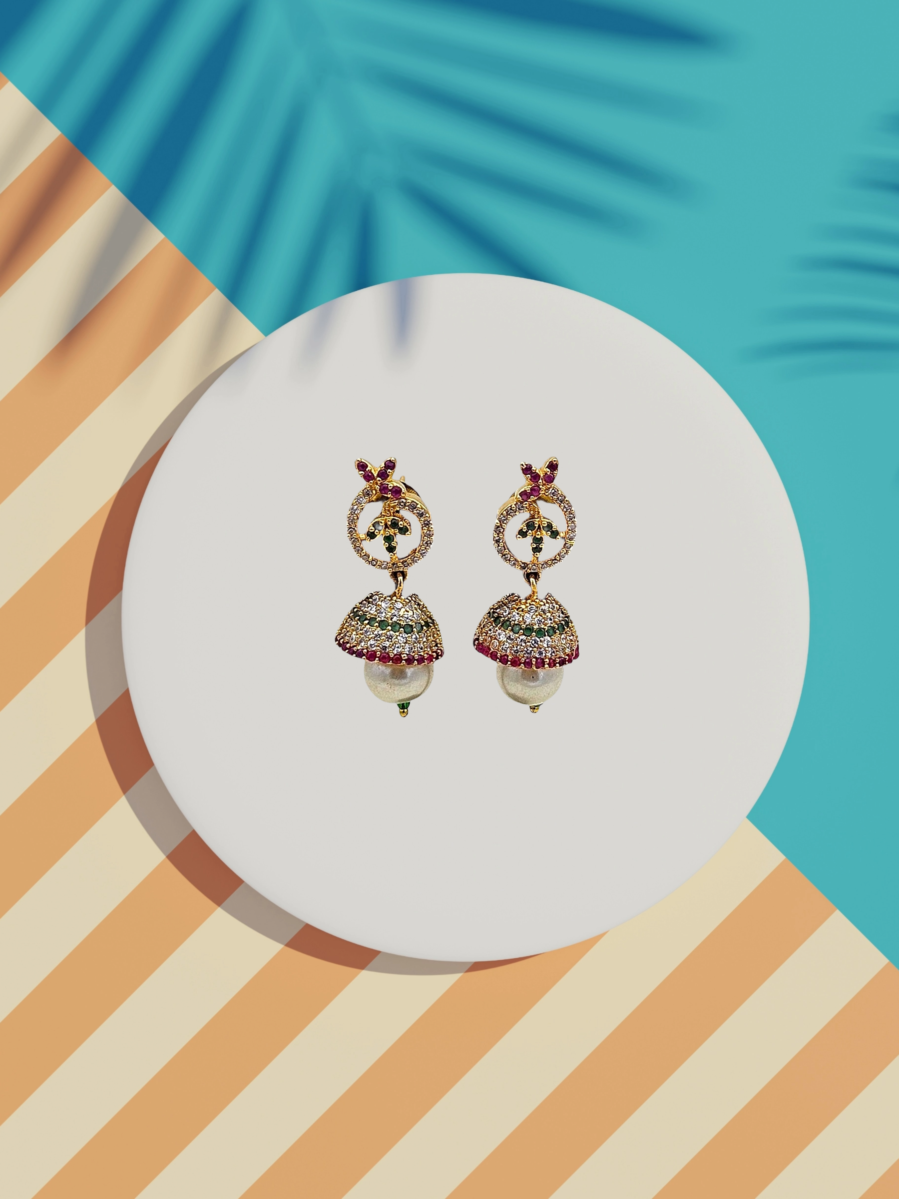 Delightful Gold plated Cubic Zirconia-Red & Green Hydro Quartz Designer light weight Jhumka Earring