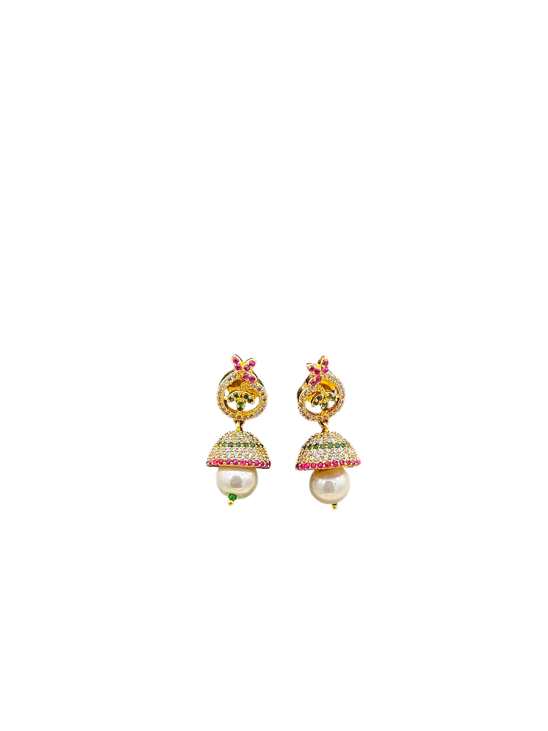 Delightful Gold plated Cubic Zirconia-Red & Green Hydro Quartz Designer light weight Jhumka Earring