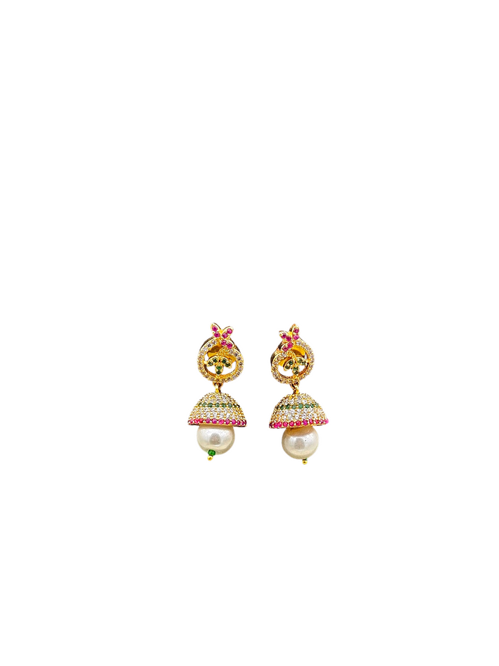 Delightful Gold plated Cubic Zirconia-Red & Green Hydro Quartz Designer light weight Jhumka Earring