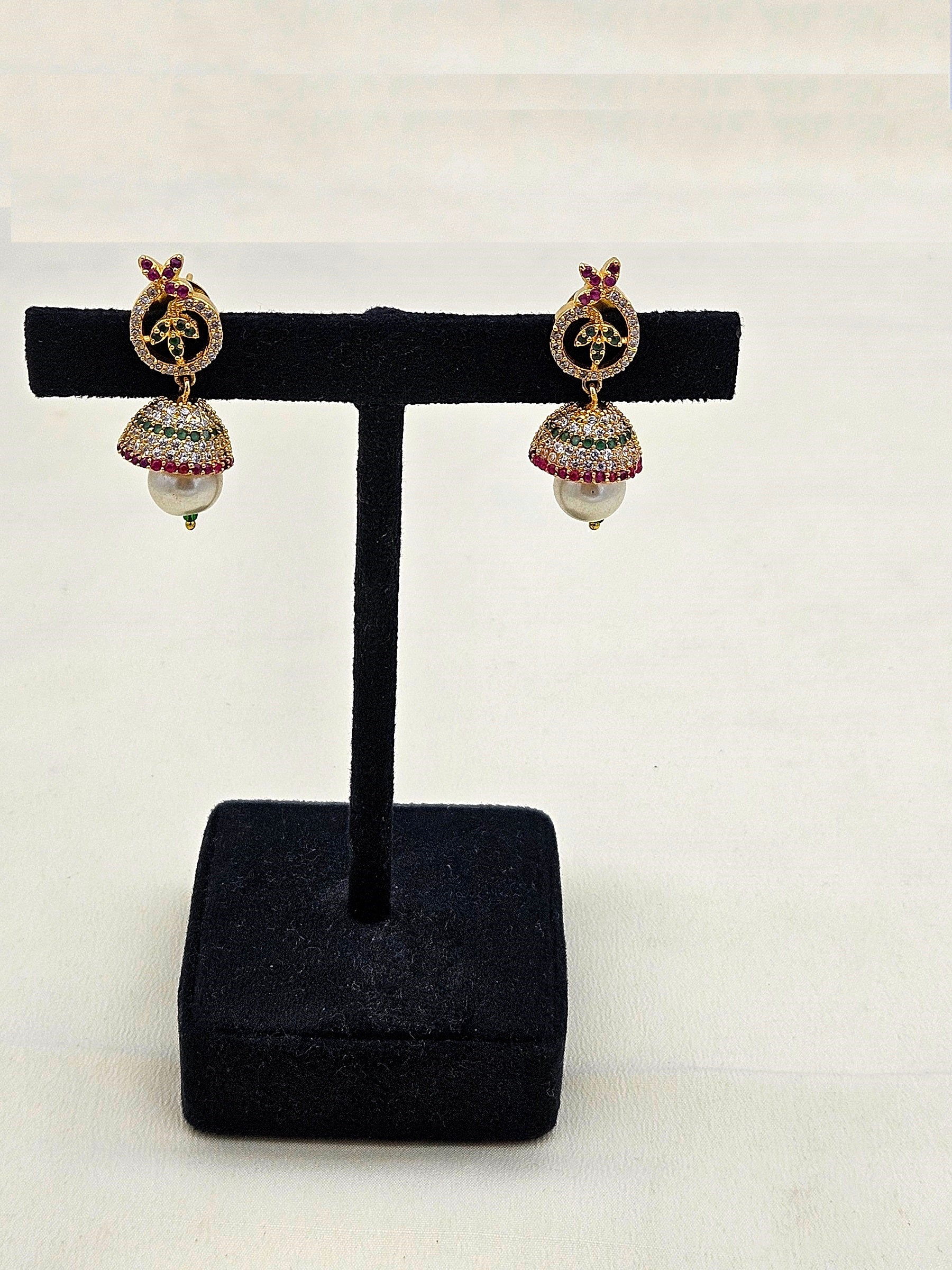 Delightful Gold plated Cubic Zirconia-Red & Green Hydro Quartz Designer light weight Jhumka Earring