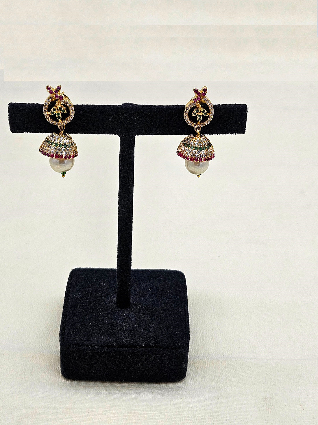 Delightful Gold plated Cubic Zirconia-Red & Green Hydro Quartz Designer light weight Jhumka Earring