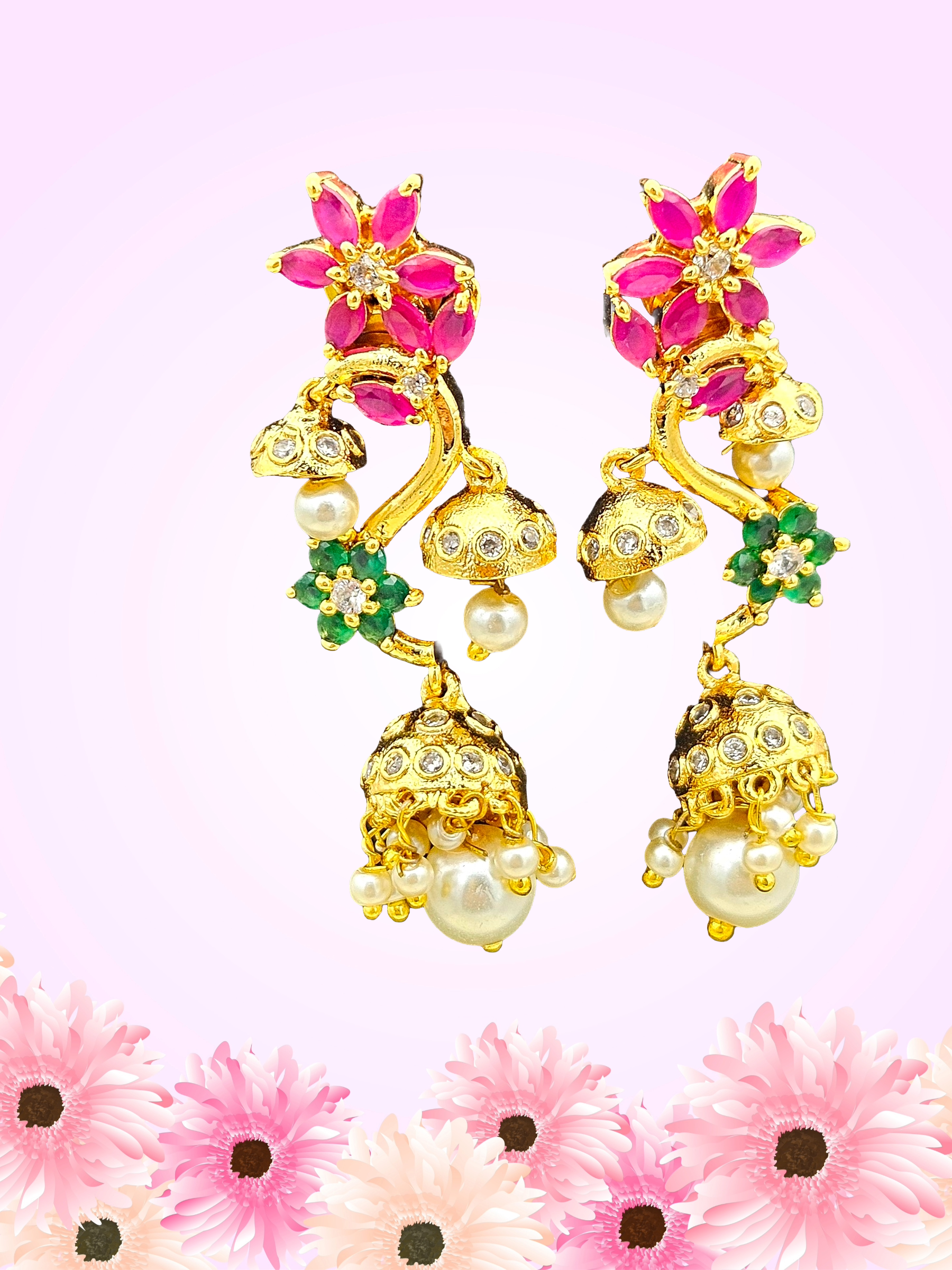 Attractive Gold plated Cubic Zirconia-Red & Green Hydro Quartz Designer Floral Party wear Jhumka Earring