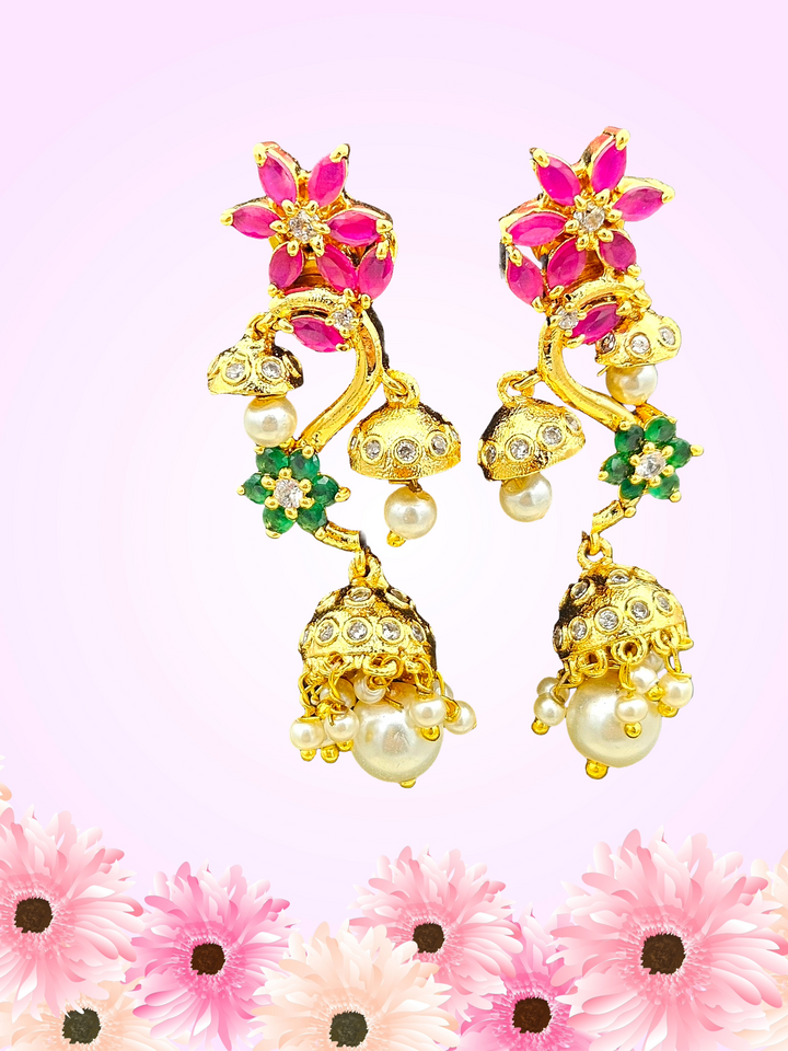 Attractive Gold plated Cubic Zirconia-Red & Green Hydro Quartz Designer Floral Party wear Jhumka Earring