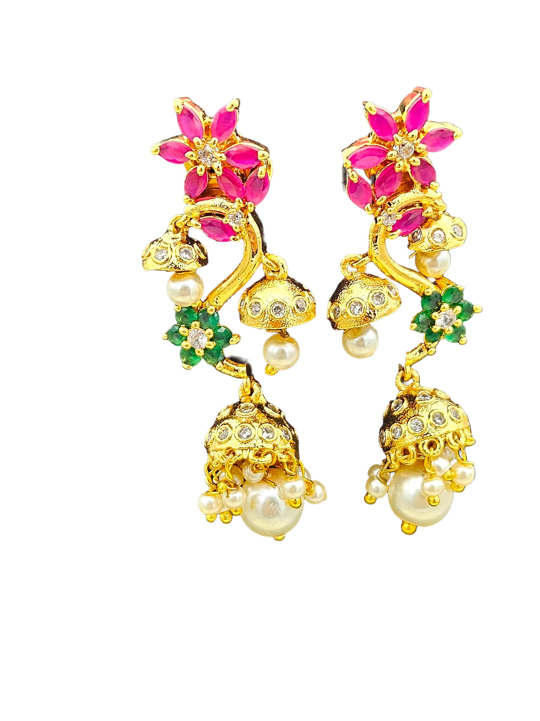 Attractive Gold plated Cubic Zirconia-Red & Green Hydro Quartz Designer Floral Party wear Jhumka Earring