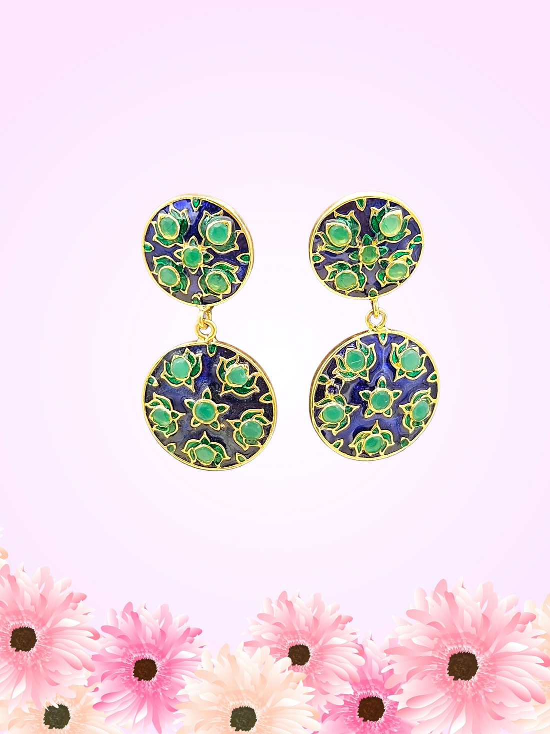 Beautiful Gold plated Green Hydro Quartz-Blue & Green Enamel Floral Designer Light weight Dangle Earrings