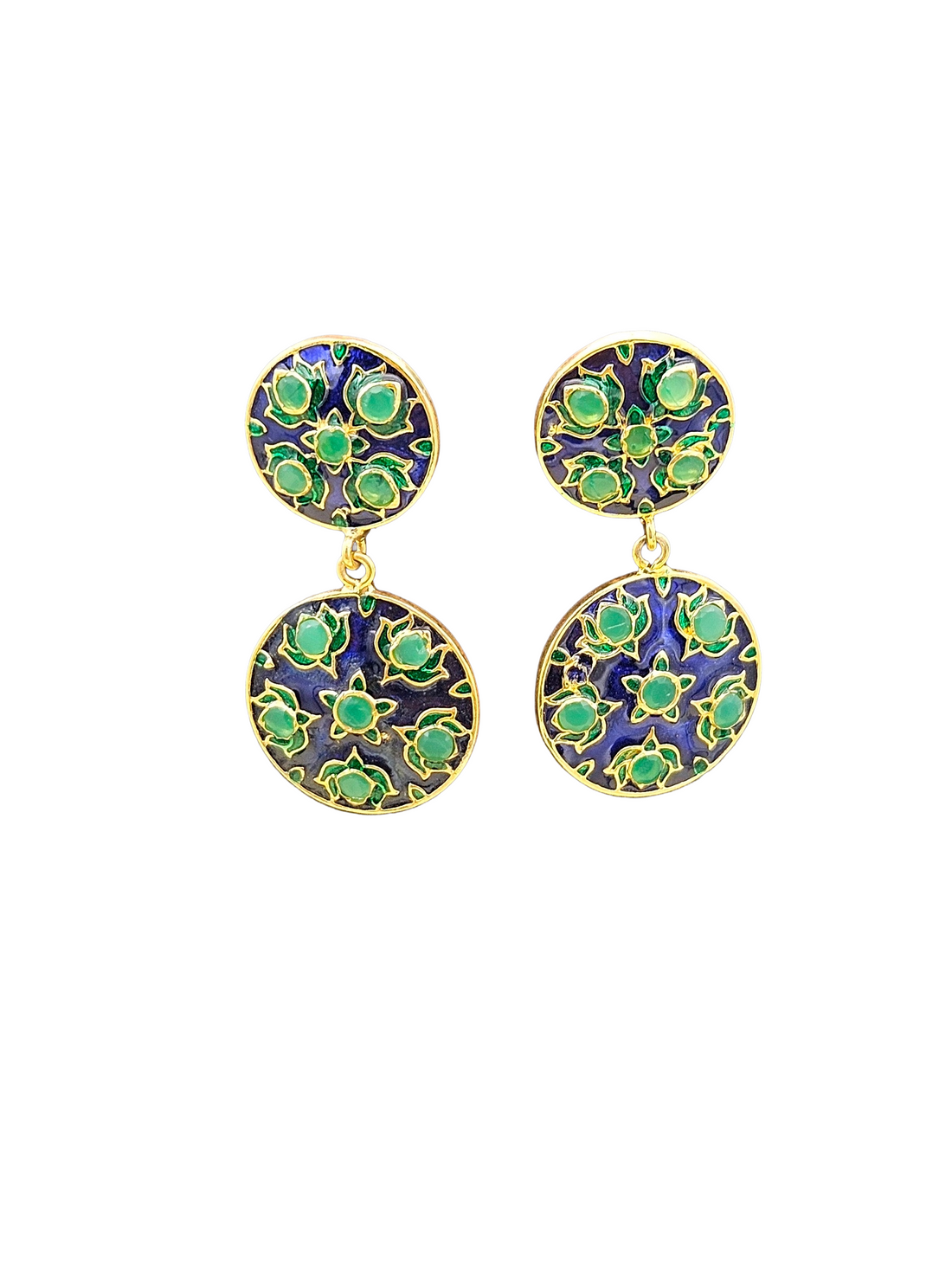 Beautiful Gold plated Green Hydro Quartz-Blue & Green Enamel Floral Designer Light weight Dangle Earrings