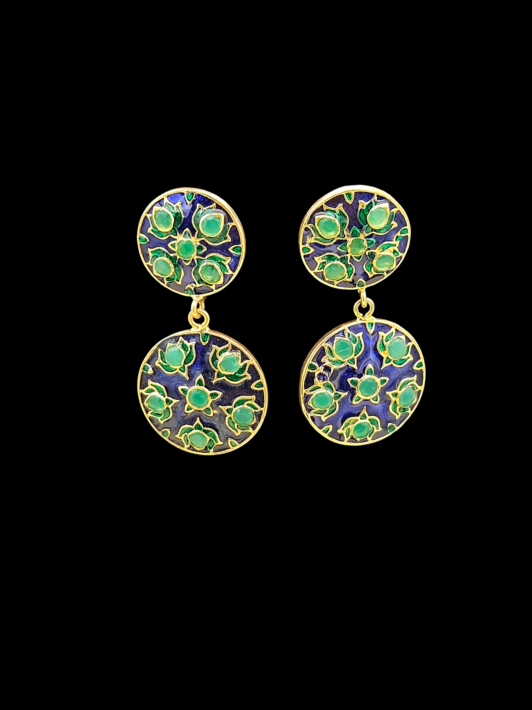 Beautiful Gold plated Green Hydro Quartz-Blue & Green Enamel Floral Designer Light weight Dangle Earrings