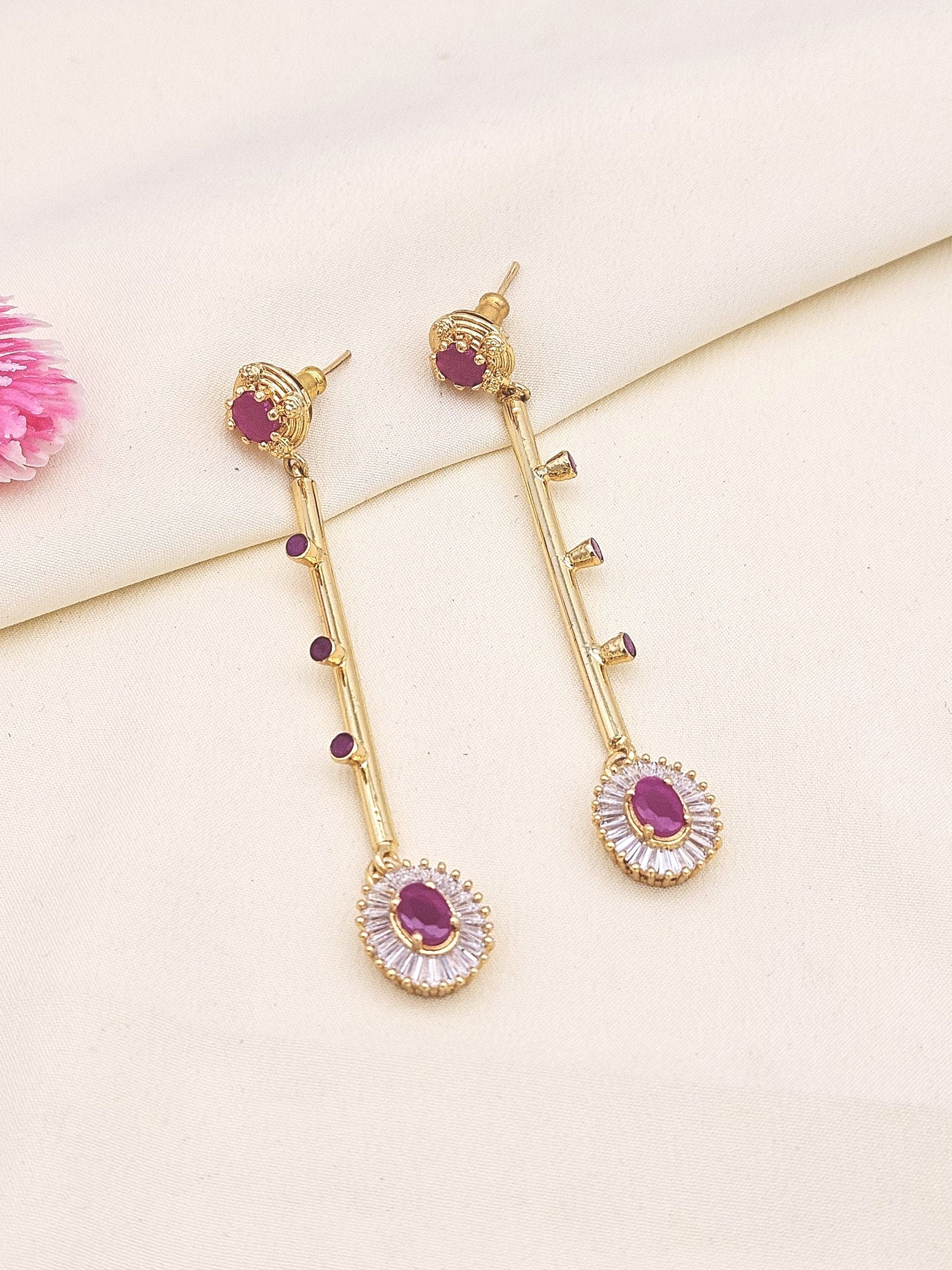 Gorgeous Gold plated CZ-Red Hydro Quartz Light weight Long Dangle Drop Earrings