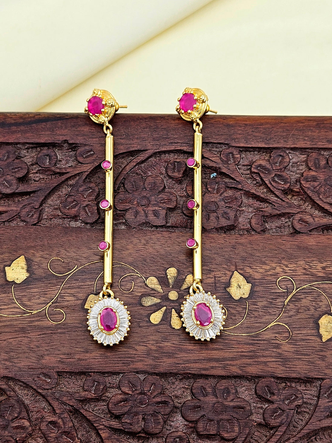 Gorgeous Gold plated CZ-Red Hydro Quartz Light weight Long Dangle Drop Earrings