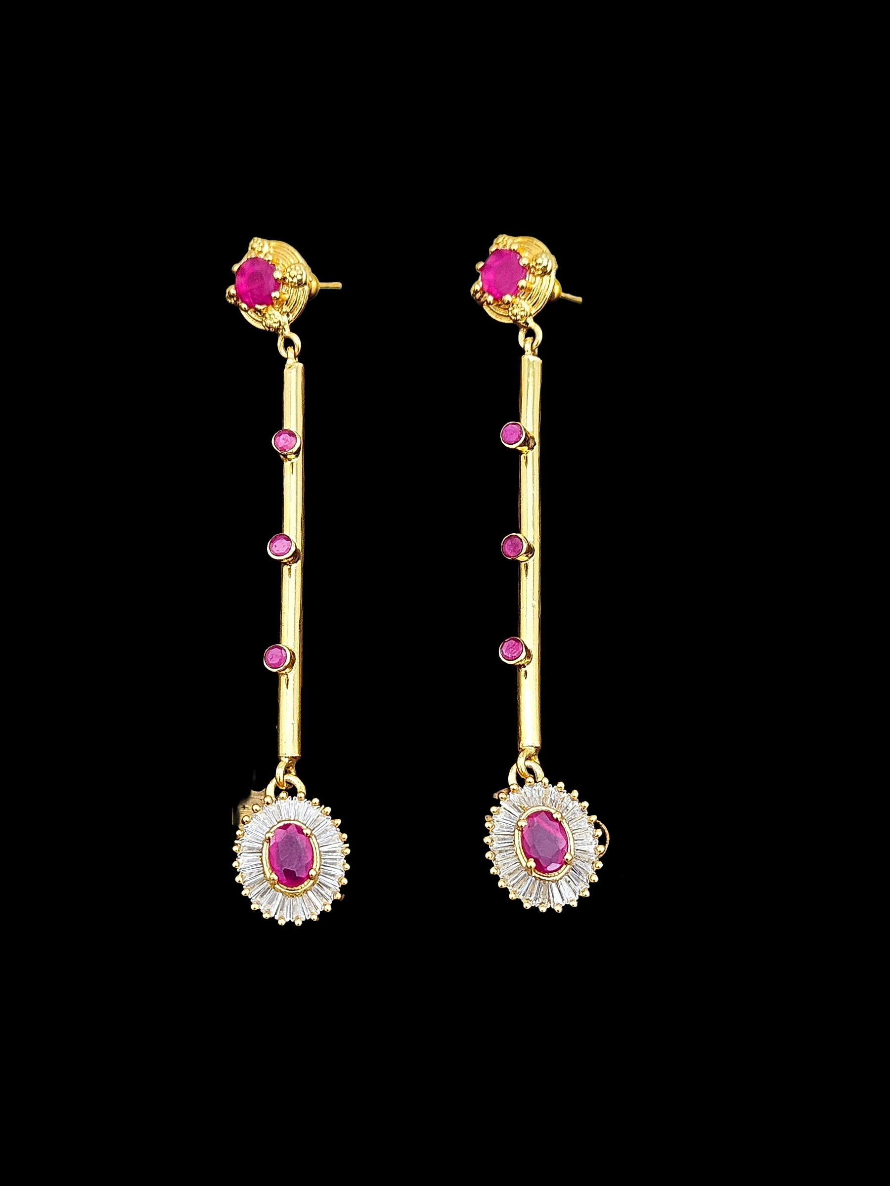 Gorgeous Gold plated CZ-Red Hydro Quartz Light weight Long Dangle Drop Earrings