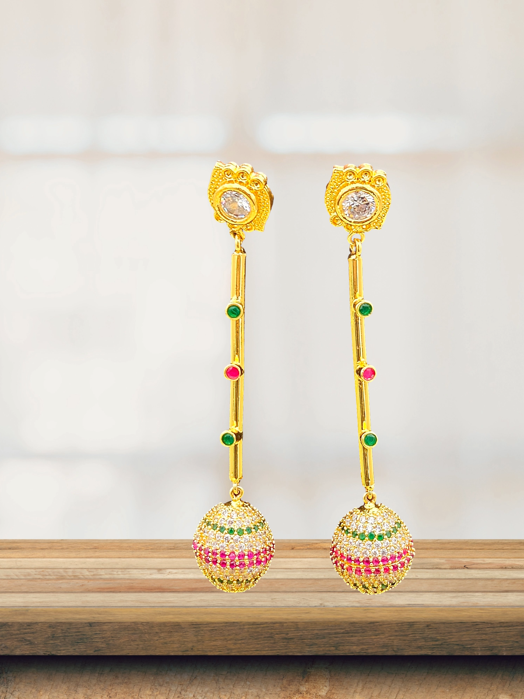 Charming Gold plated CZ-Green & Red Hydro Quartz Long Ball Designer Dangle Drop Earrings