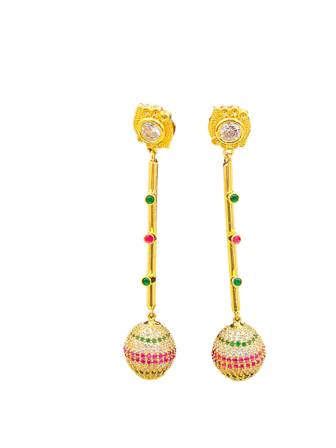 Charming Gold plated CZ-Green & Red Hydro Quartz Long Ball Designer Dangle Drop Earrings