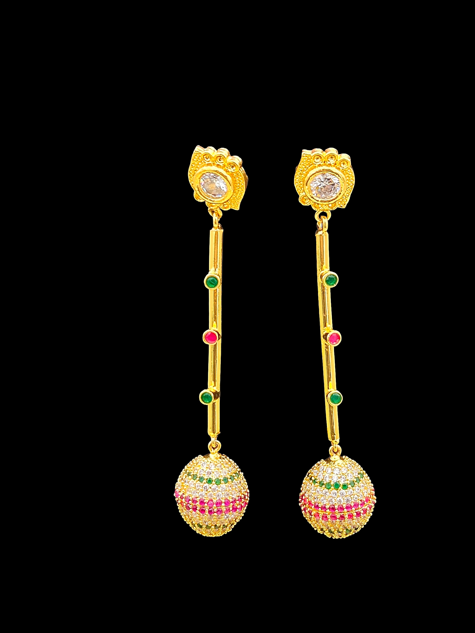 Charming Gold plated CZ-Green & Red Hydro Quartz Long Ball Designer Dangle Drop Earrings