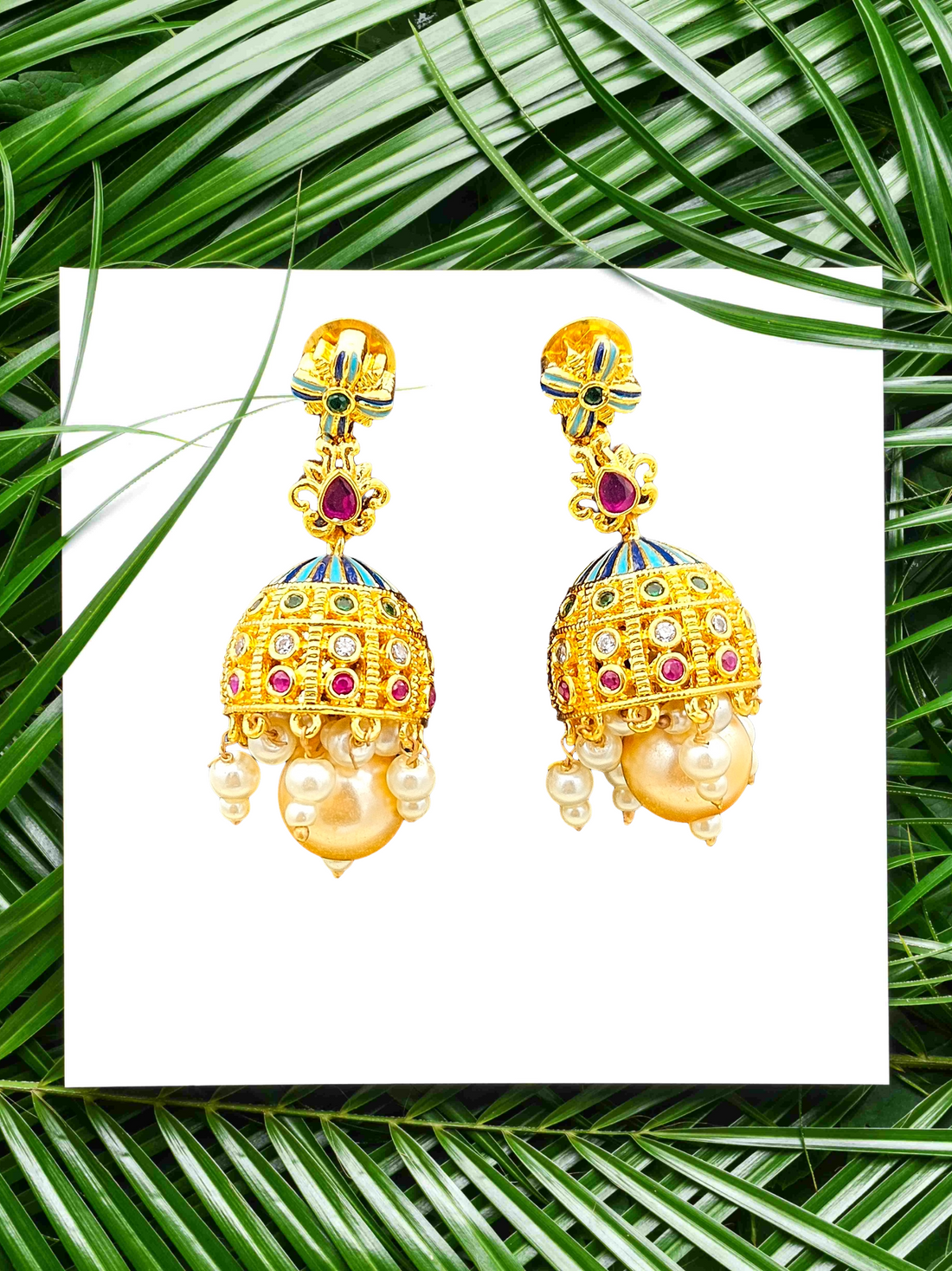 Awesome Gold plated Cubic Zirconia-Green & Red Hydro Quartz -Enamel work Designer Jhumka Earrings