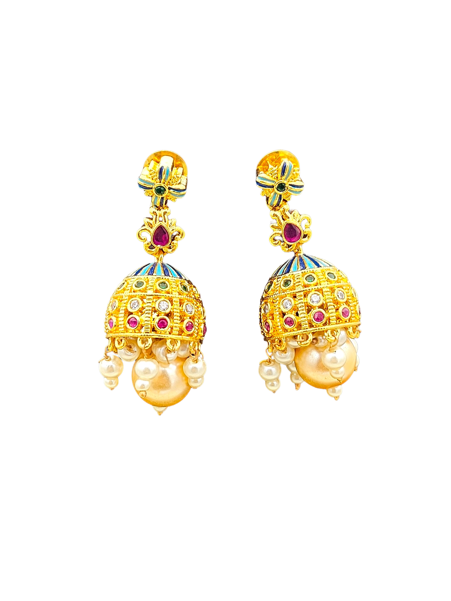 Awesome Gold plated Cubic Zirconia-Green & Red Hydro Quartz -Enamel work Designer Jhumka Earrings