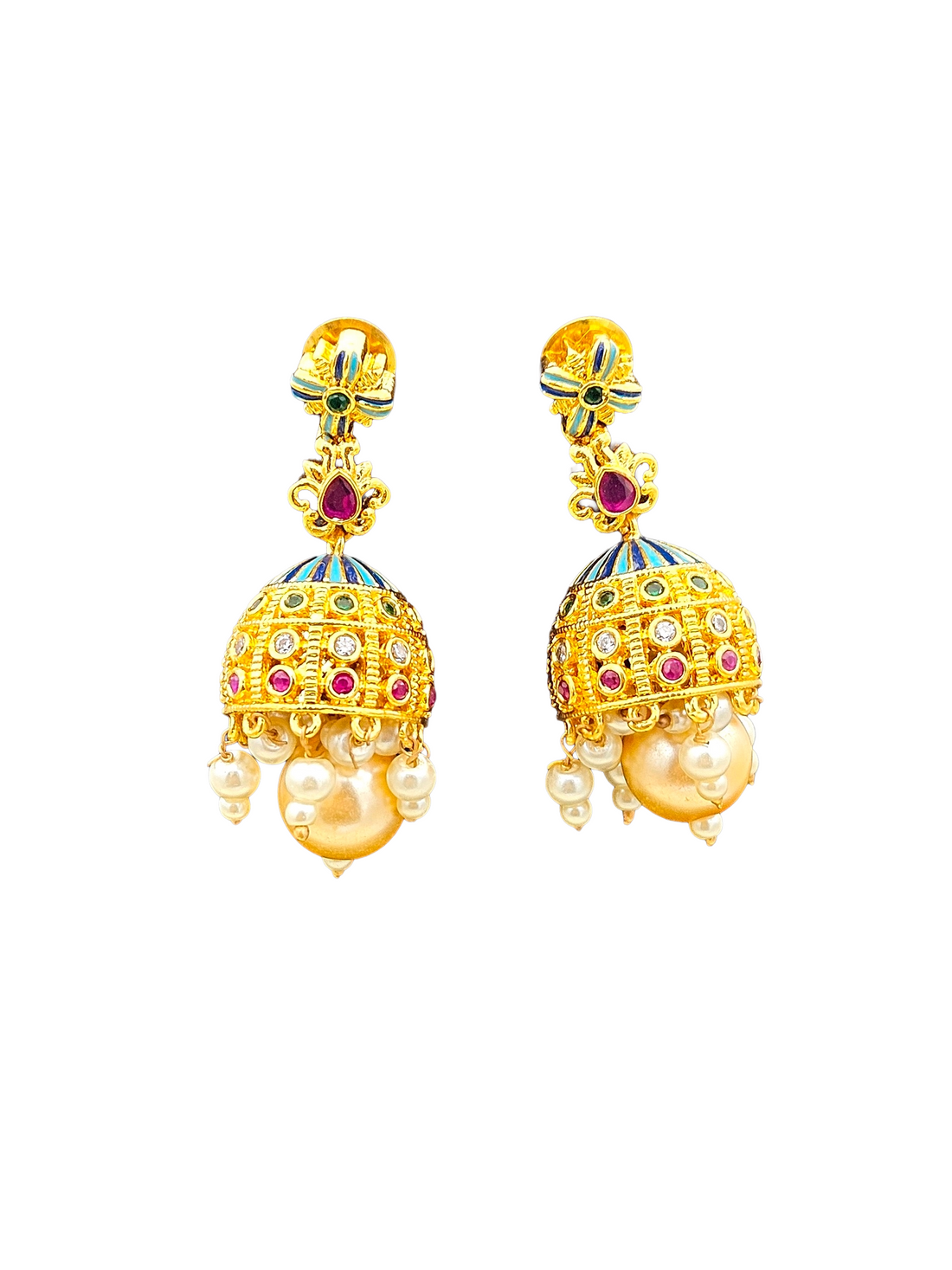 Awesome Gold plated Cubic Zirconia-Green & Red Hydro Quartz -Enamel work Designer Jhumka Earrings