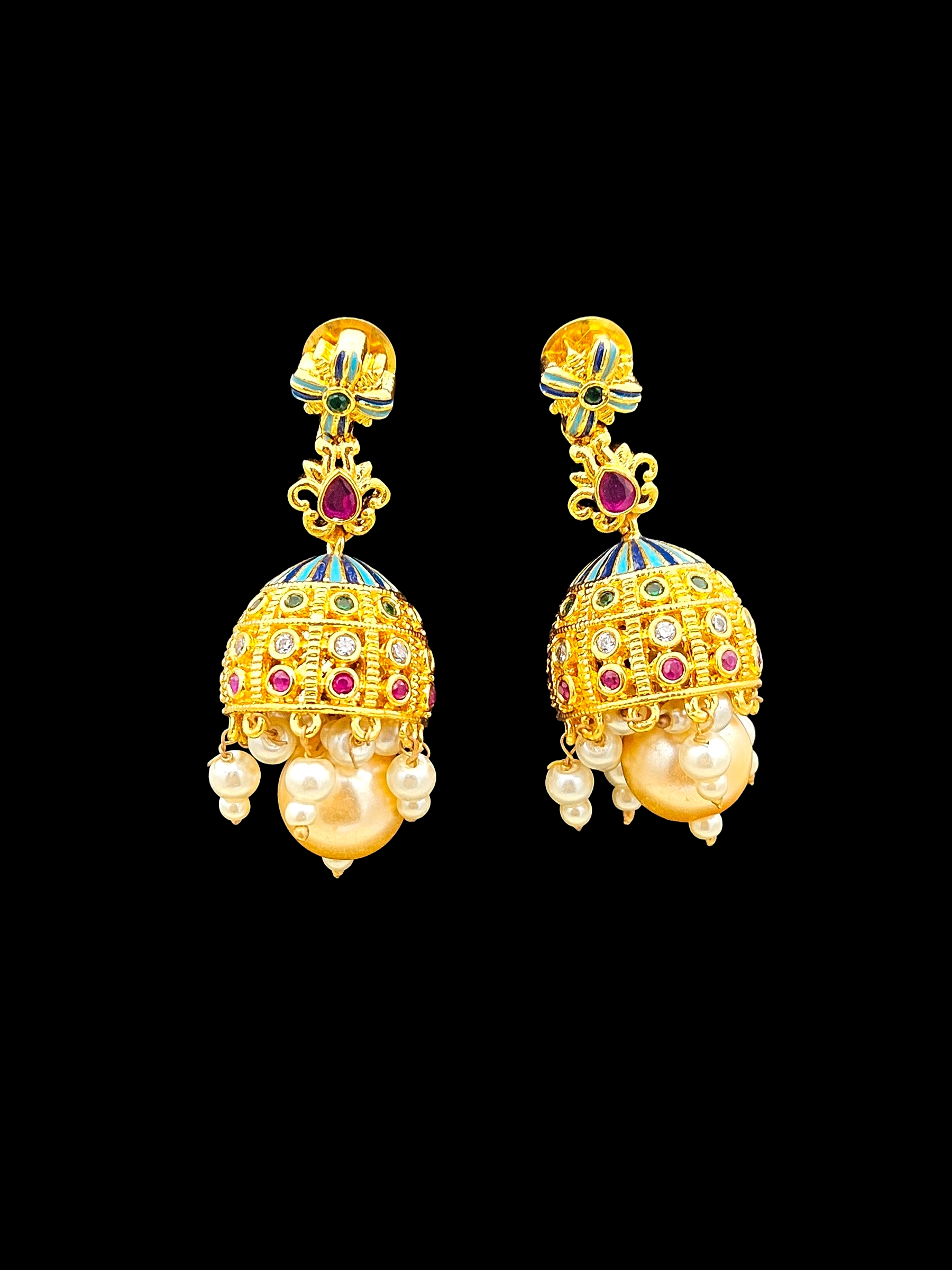 Awesome Gold plated Cubic Zirconia-Green & Red Hydro Quartz -Enamel work Designer Jhumka Earrings