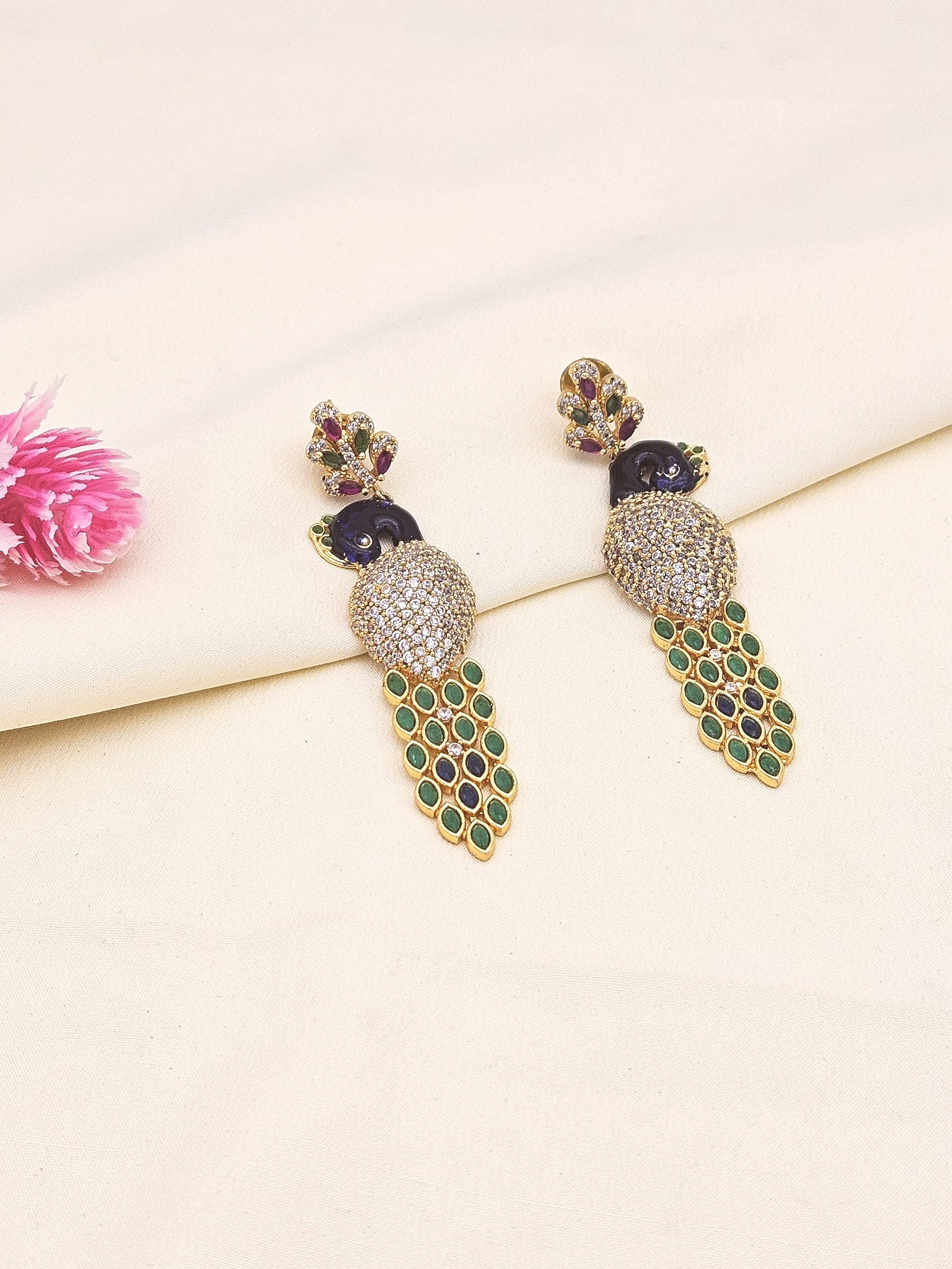 Attractive Gold plated Cubic Zirconia-Green & Red Hydro Quartz -Enamel work Peacock Designer Dangle Drop Earrings