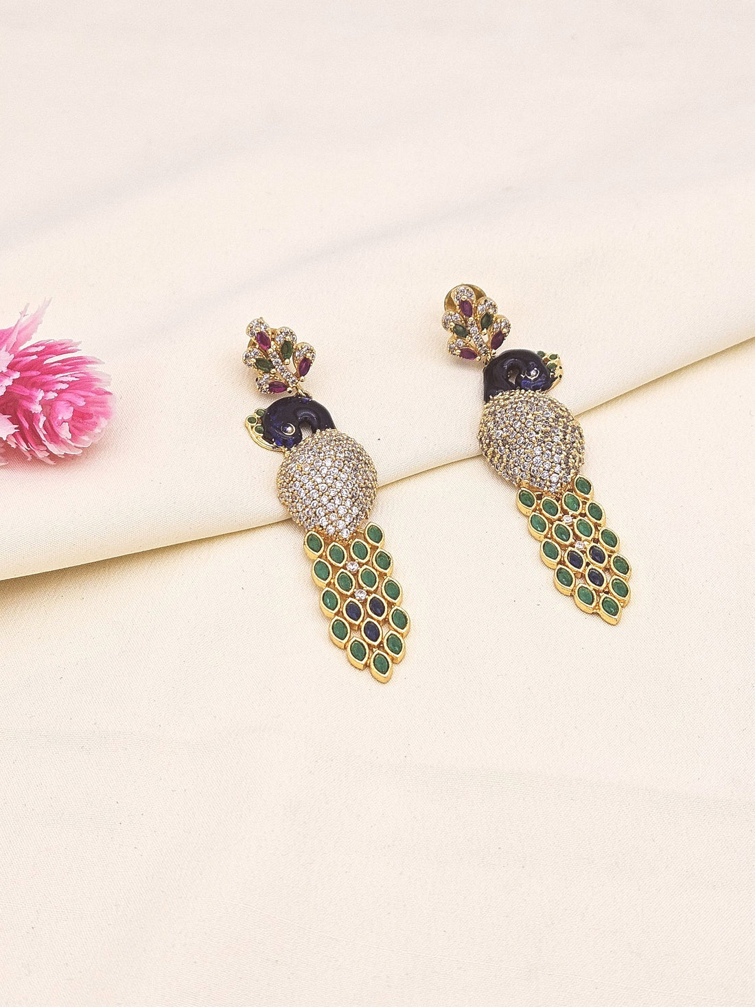 Attractive Gold plated Cubic Zirconia-Green & Red Hydro Quartz -Enamel work Peacock Designer Dangle Drop Earrings