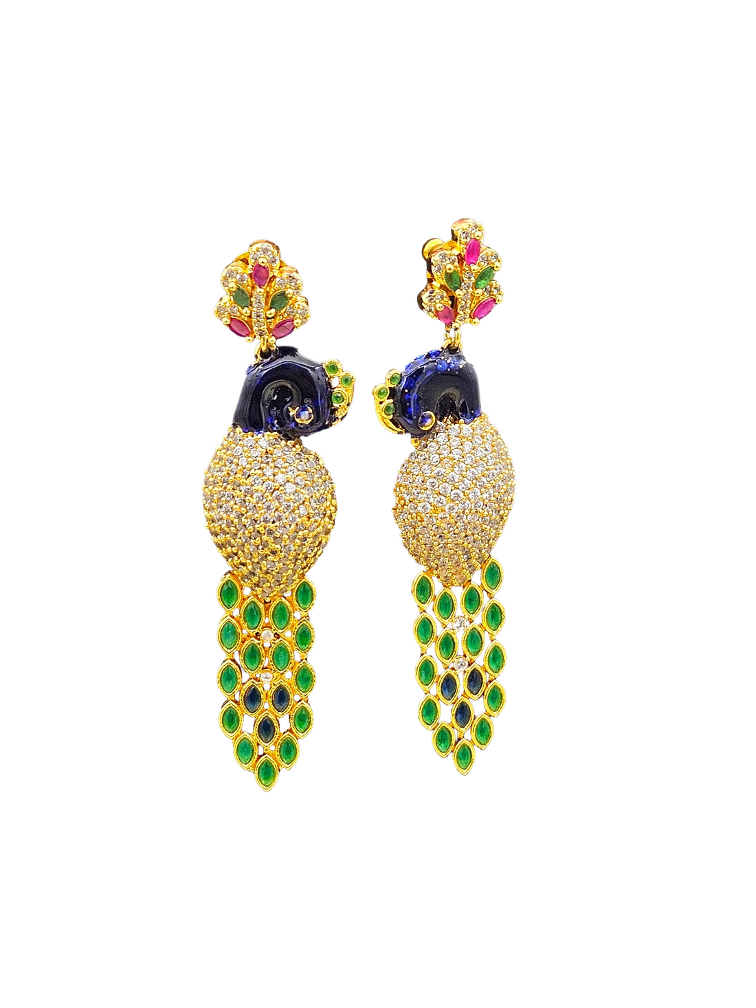 Attractive Gold plated Cubic Zirconia-Green & Red Hydro Quartz -Enamel work Peacock Designer Dangle Drop Earrings
