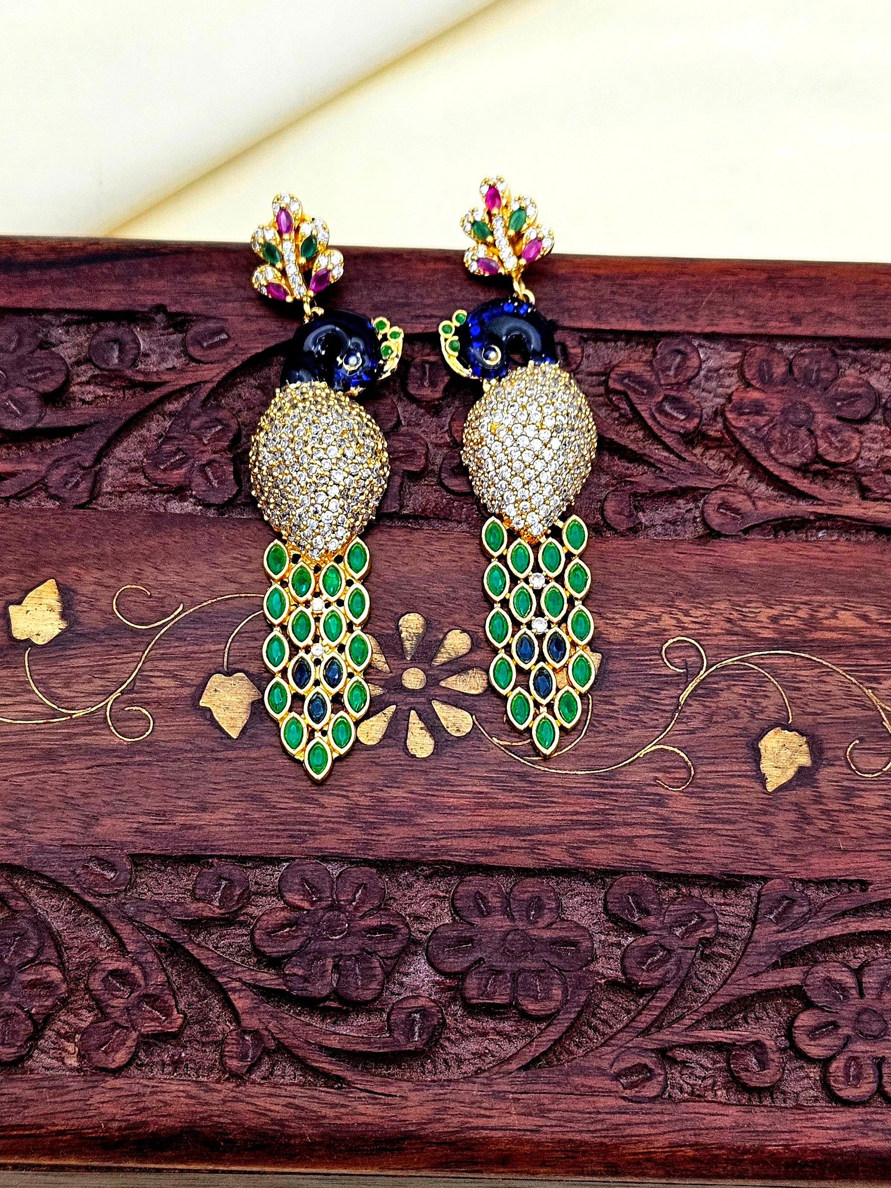 Attractive Gold plated Cubic Zirconia-Green & Red Hydro Quartz -Enamel work Peacock Designer Dangle Drop Earrings
