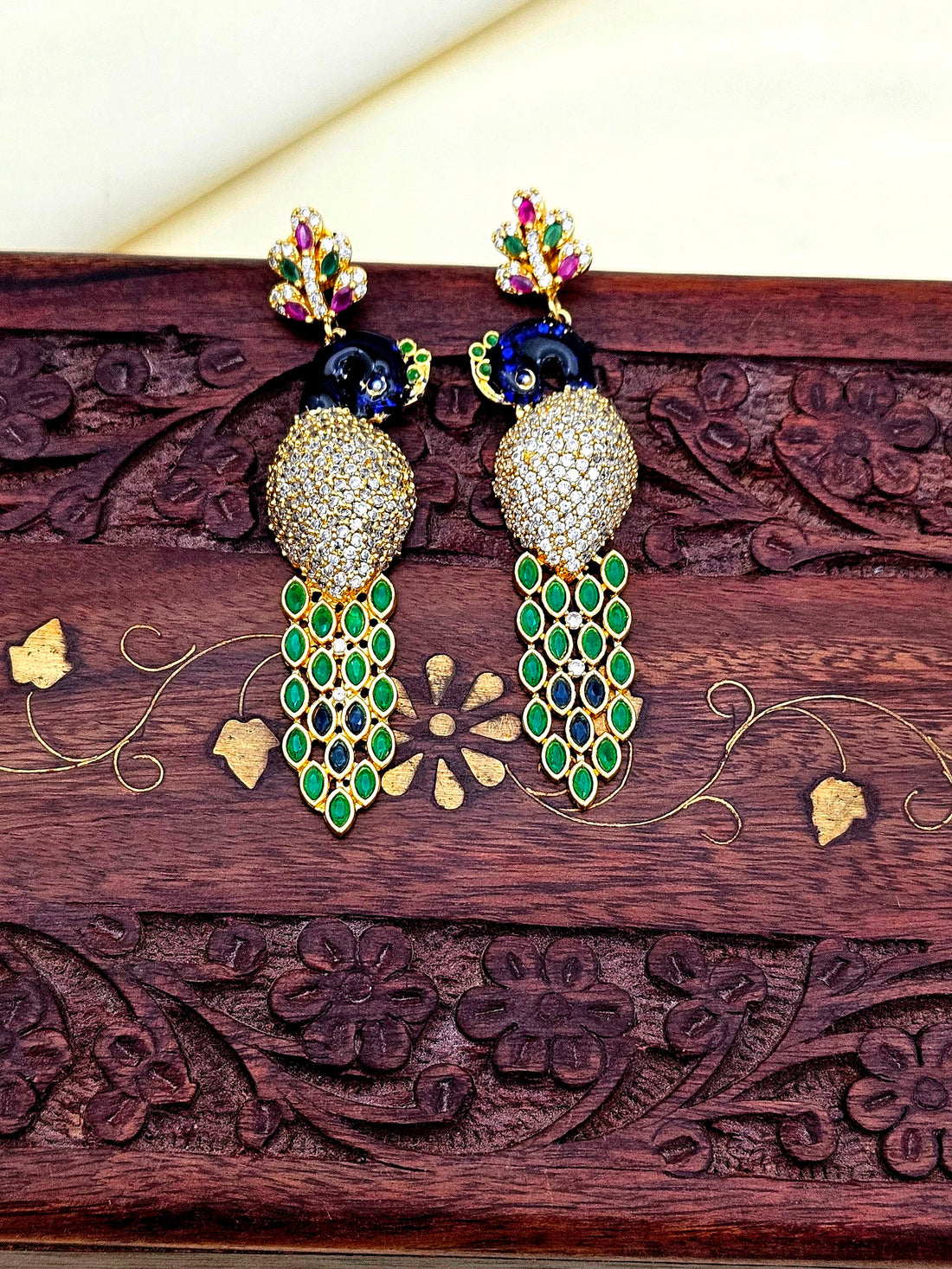 Attractive Gold plated Cubic Zirconia-Green & Red Hydro Quartz -Enamel work Peacock Designer Dangle Drop Earrings