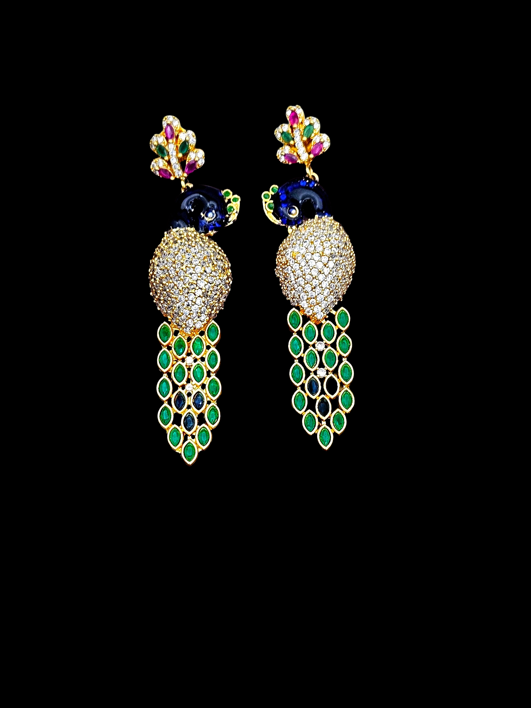 Attractive Gold plated Cubic Zirconia-Green & Red Hydro Quartz -Enamel work Peacock Designer Dangle Drop Earrings