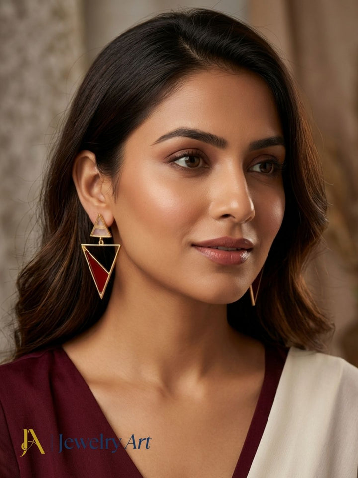 Women’s gold plated rose quartz red onyx triangle drop earrings
