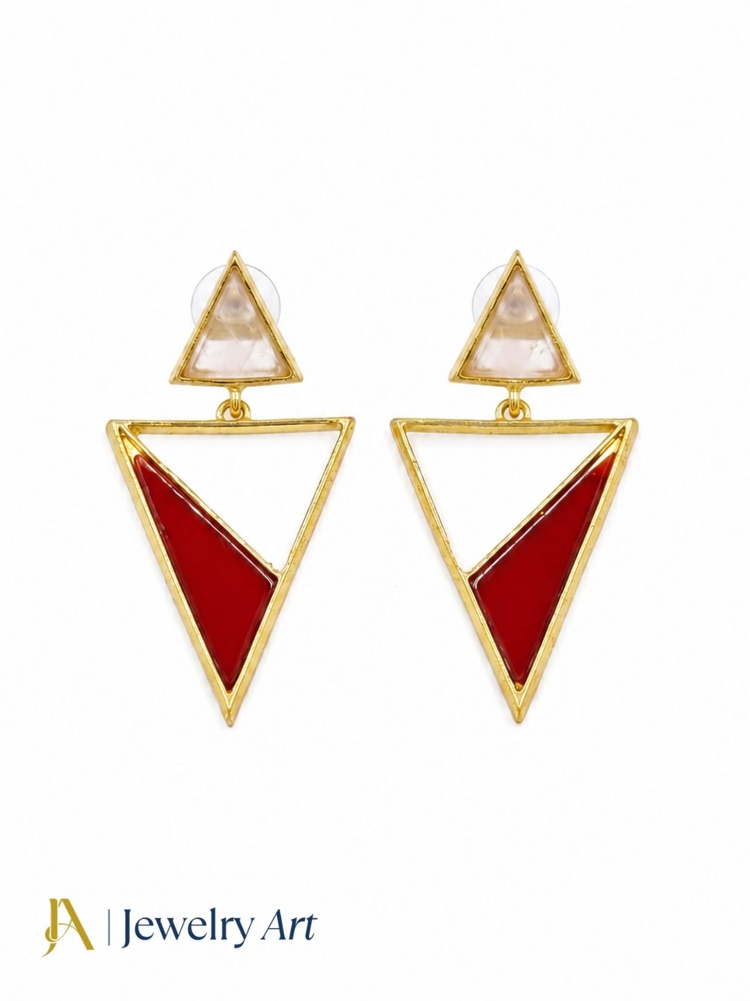 Artisan Gold Plated Rose Quartz & Red Onyx Earrings – Lightweight Triangle Drop Jewelry