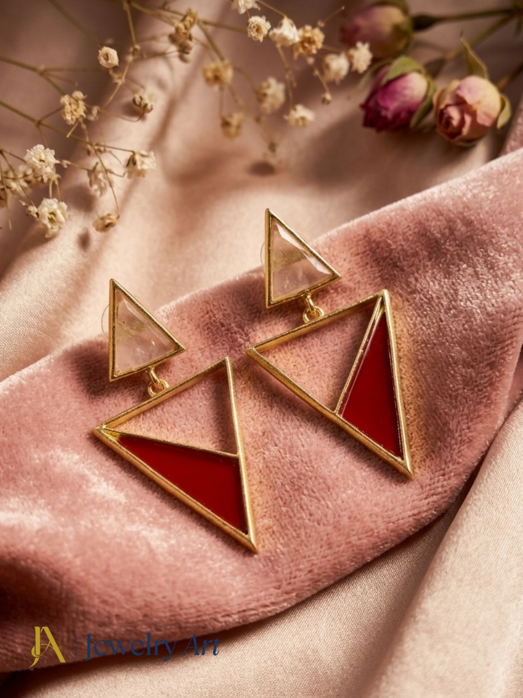Artisan Gold Plated Rose Quartz & Red Onyx Earrings – Lightweight Triangle Drop Jewelry