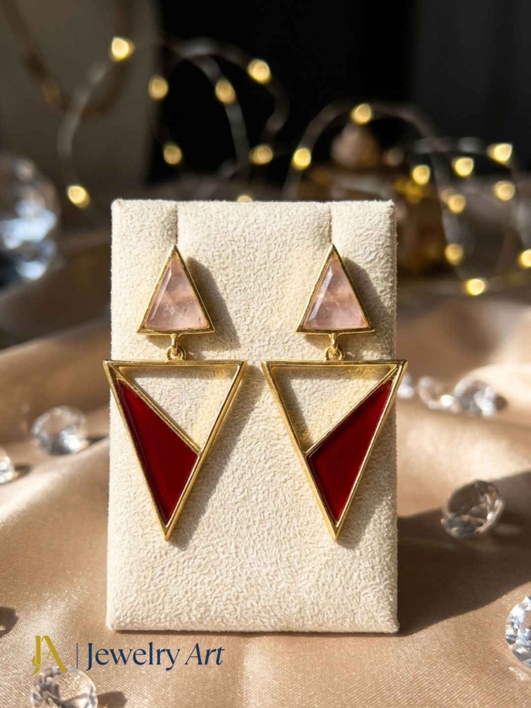 Artisan Gold Plated Rose Quartz & Red Onyx Earrings – Lightweight Triangle Drop Jewelry