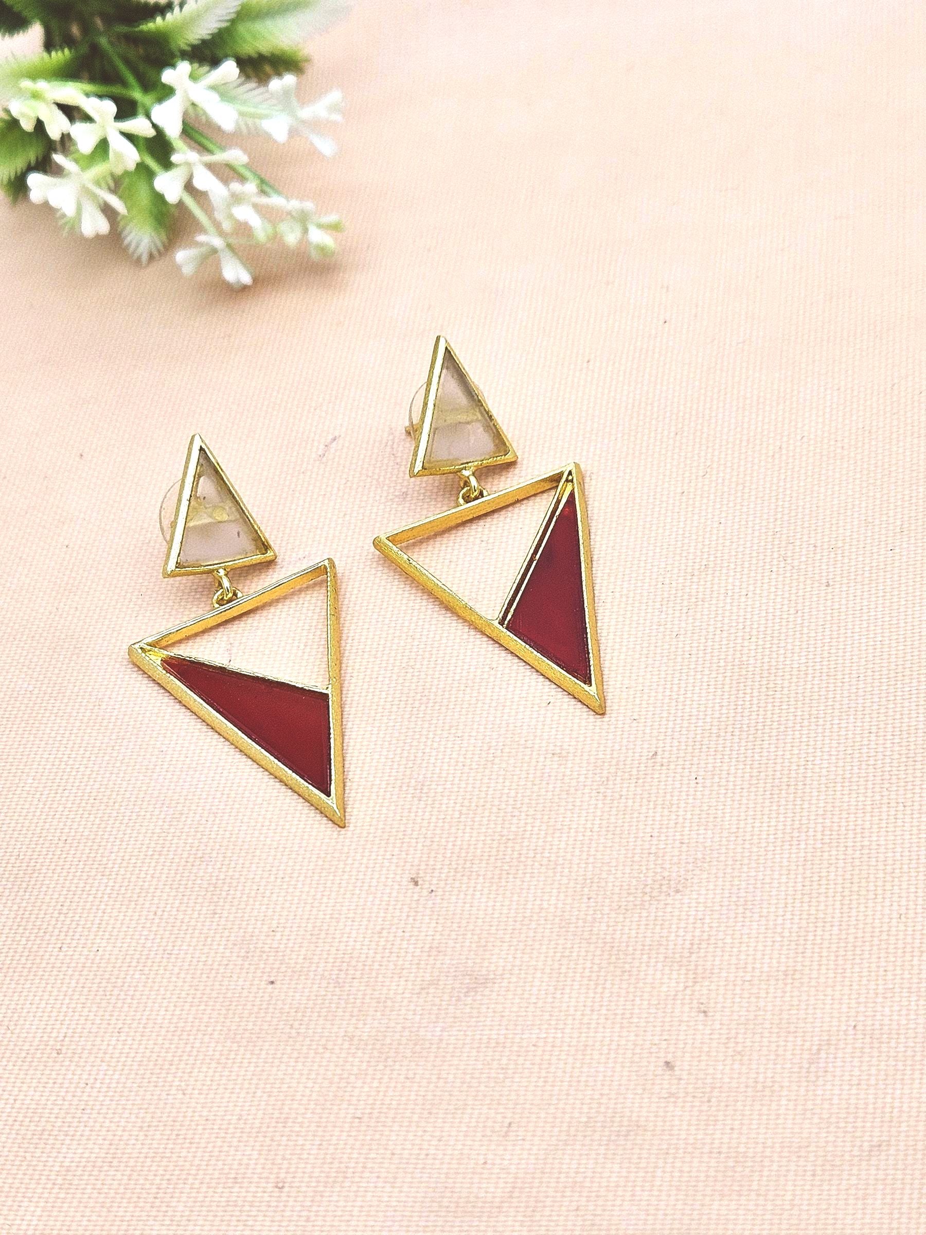 Artisan Gold Plated Rose Quartz & Red Onyx Earrings – Lightweight Triangle Drop Jewelry