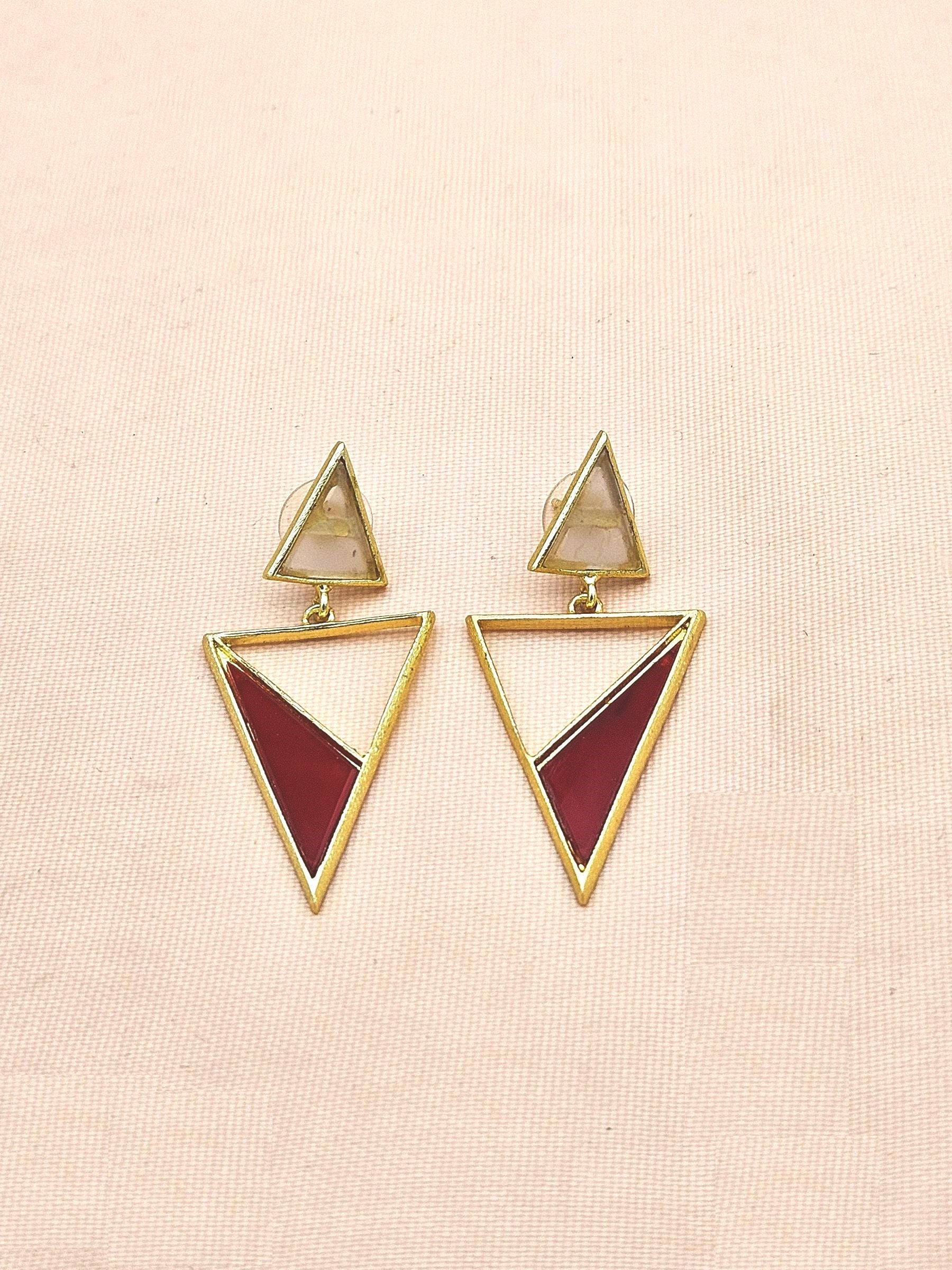 Artisan Gold Plated Rose Quartz & Red Onyx Earrings – Lightweight Triangle Drop Jewelry