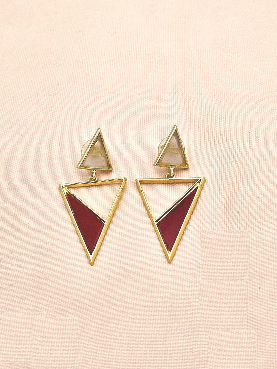 Artisan Gold Plated Rose Quartz & Red Onyx Earrings – Lightweight Triangle Drop Jewelry