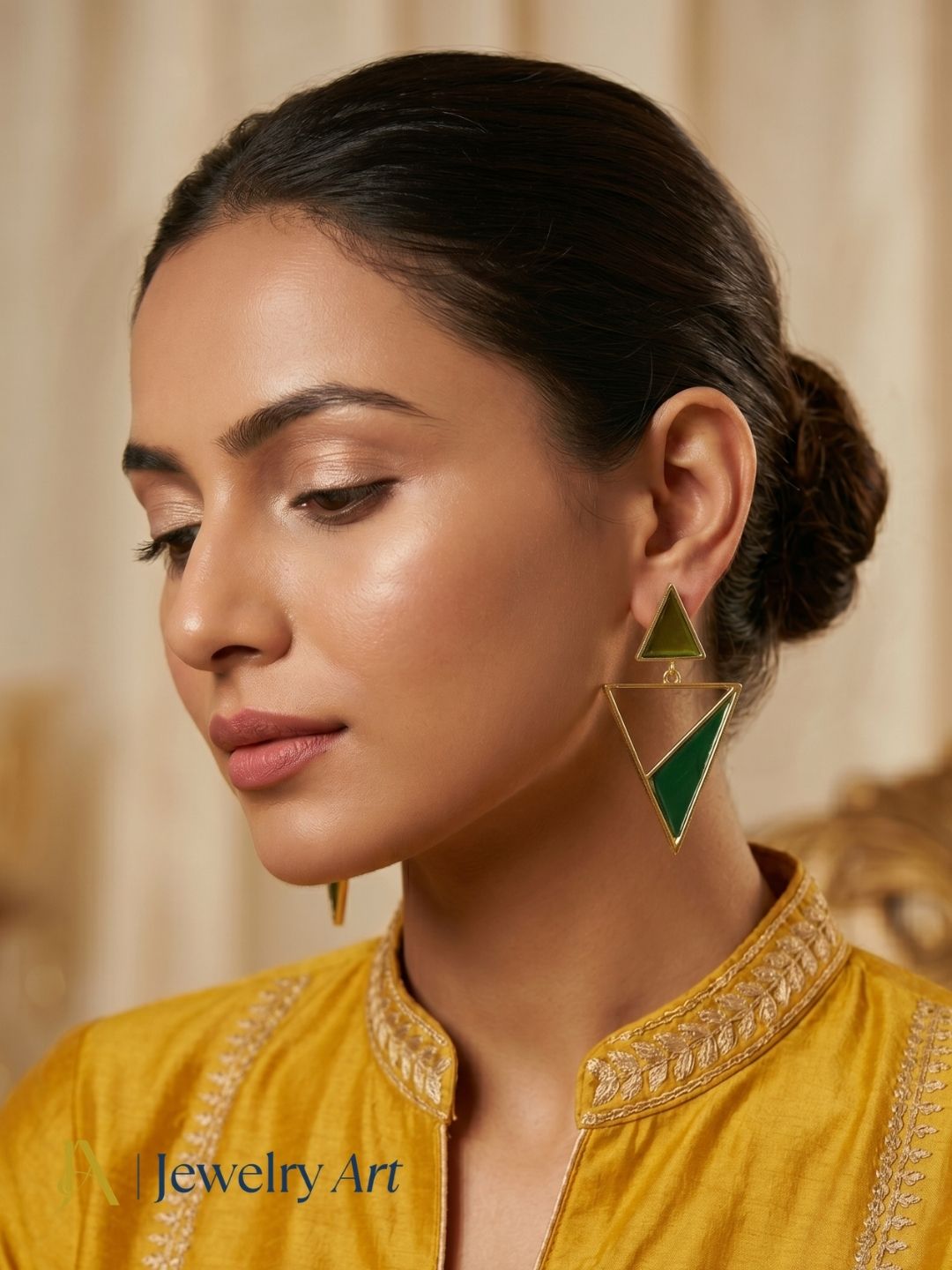 Luxury gold plated triangle drop earrings featuring yellow glass stones and green onyx gemstones
