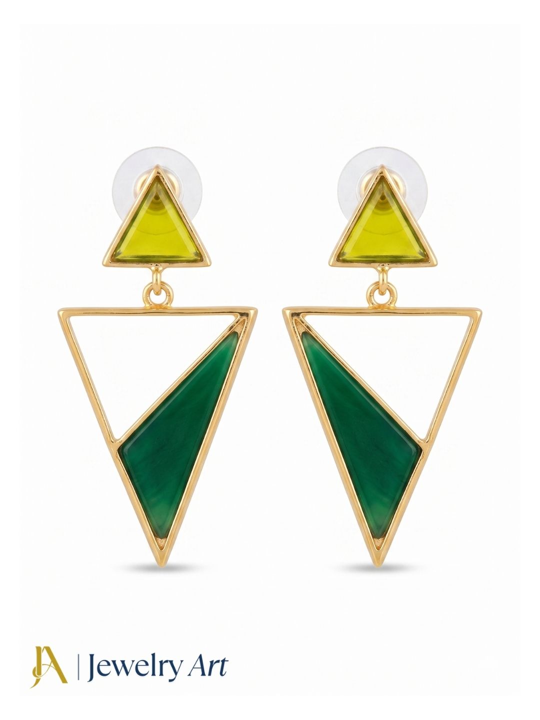 Artisan Gold Plated Yellow Glass Green Onyx Earrings – Lightweight Triangle Drop Jewelry