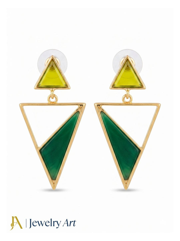 Artisan Gold Plated Yellow Glass Green Onyx Earrings – Lightweight Triangle Drop Jewelry