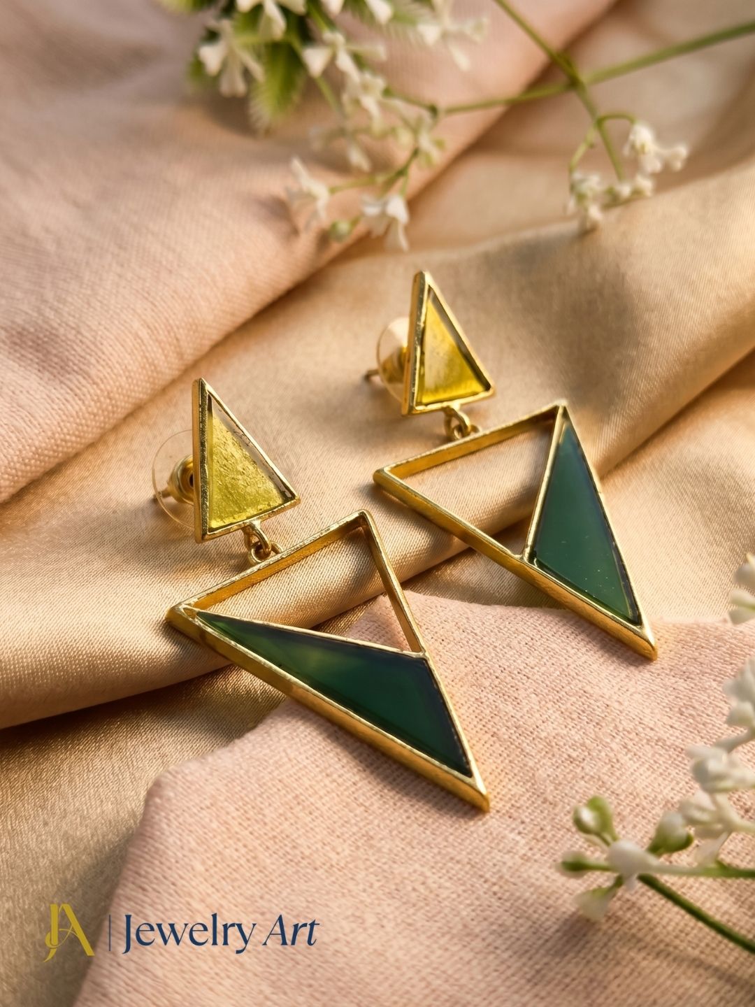 Artisan Gold Plated Yellow Glass Green Onyx Earrings – Lightweight Triangle Drop Jewelry