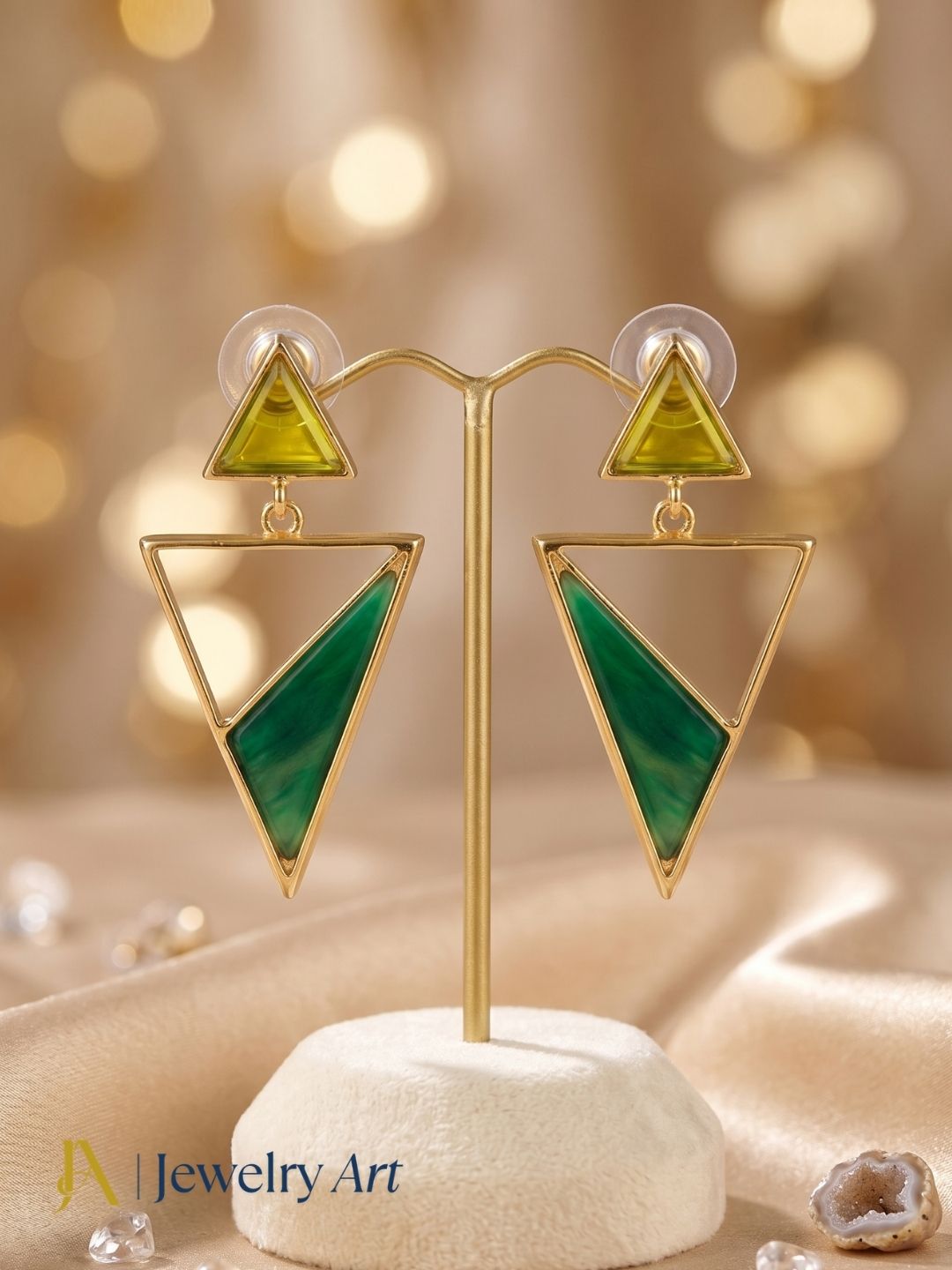 Artisan Gold Plated Yellow Glass Green Onyx Earrings – Lightweight Triangle Drop Jewelry