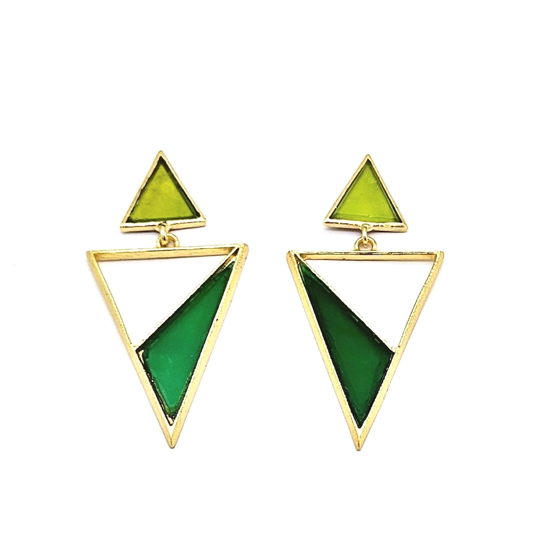 Artisan Gold Plated Yellow Glass Green Onyx Earrings – Lightweight Triangle Drop Jewelry