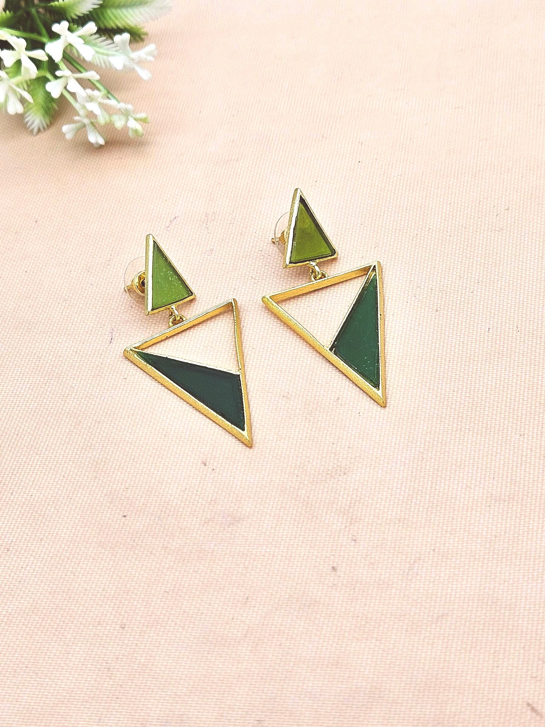 Artisan Gold Plated Yellow Glass Green Onyx Earrings – Lightweight Triangle Drop Jewelry
