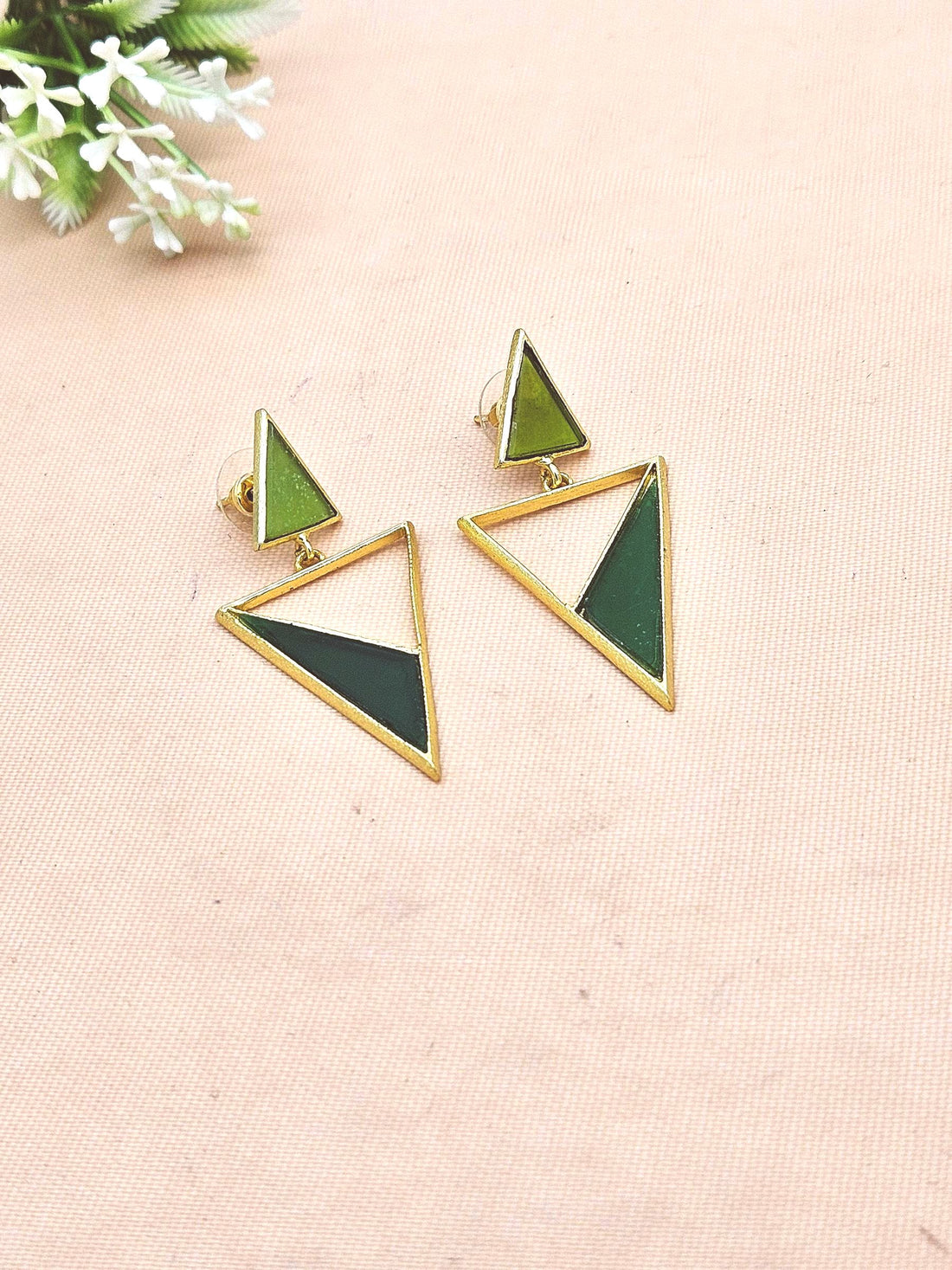 Artisan Gold Plated Yellow Glass Green Onyx Earrings – Lightweight Triangle Drop Jewelry