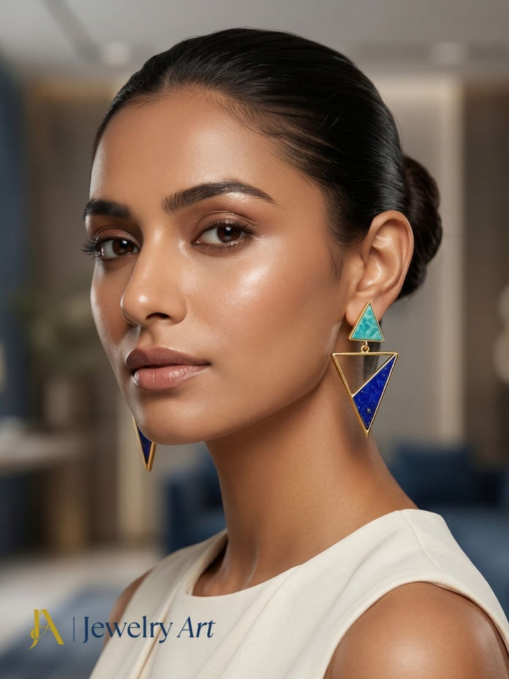 Elegant handmade earrings with Amazonite, Lapis stones, and modern geometric design
