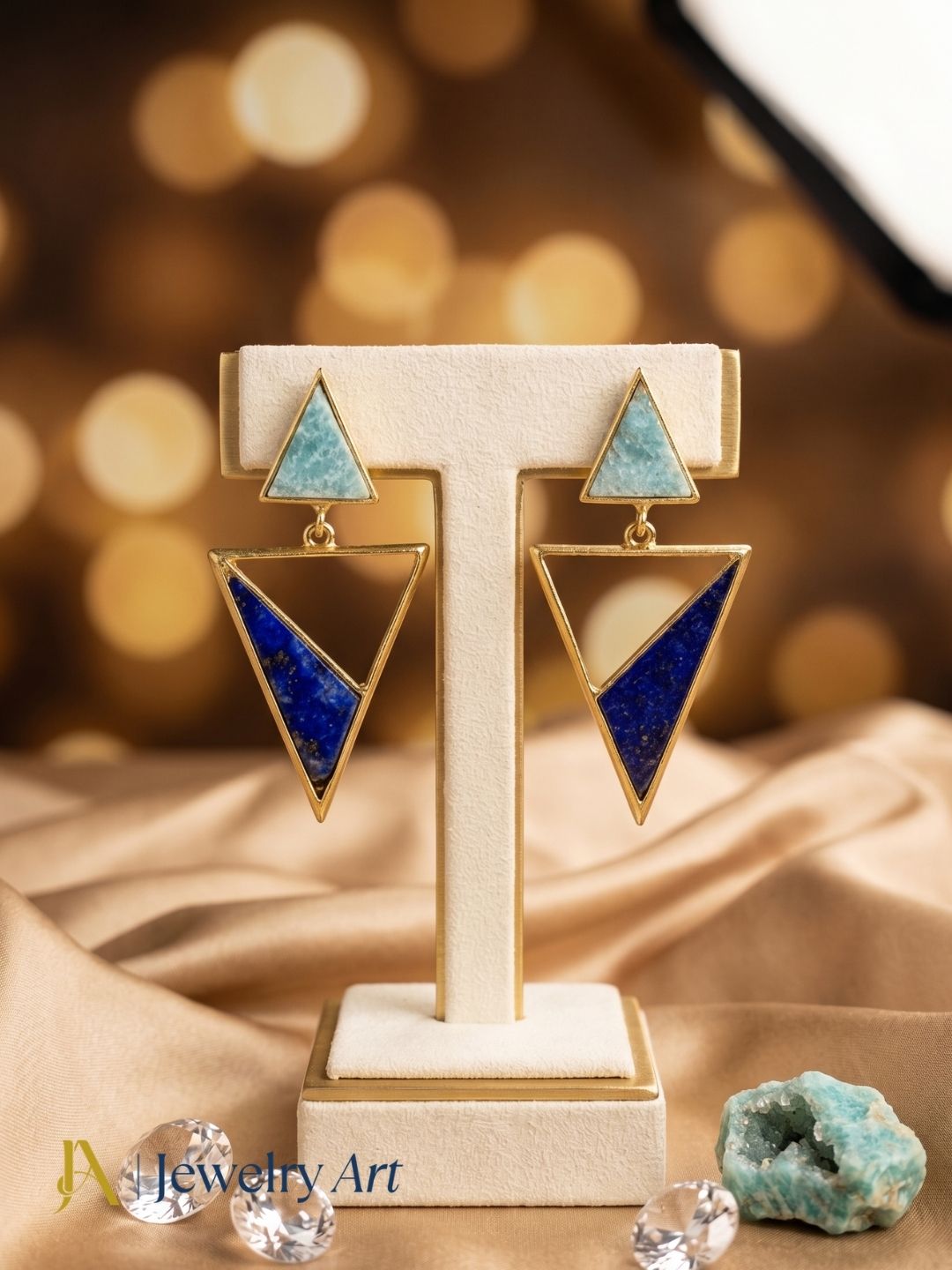 Chic Gold Plated Amazonite - Lapis Geometric Earrings – Lightweight Handmade Jewelry